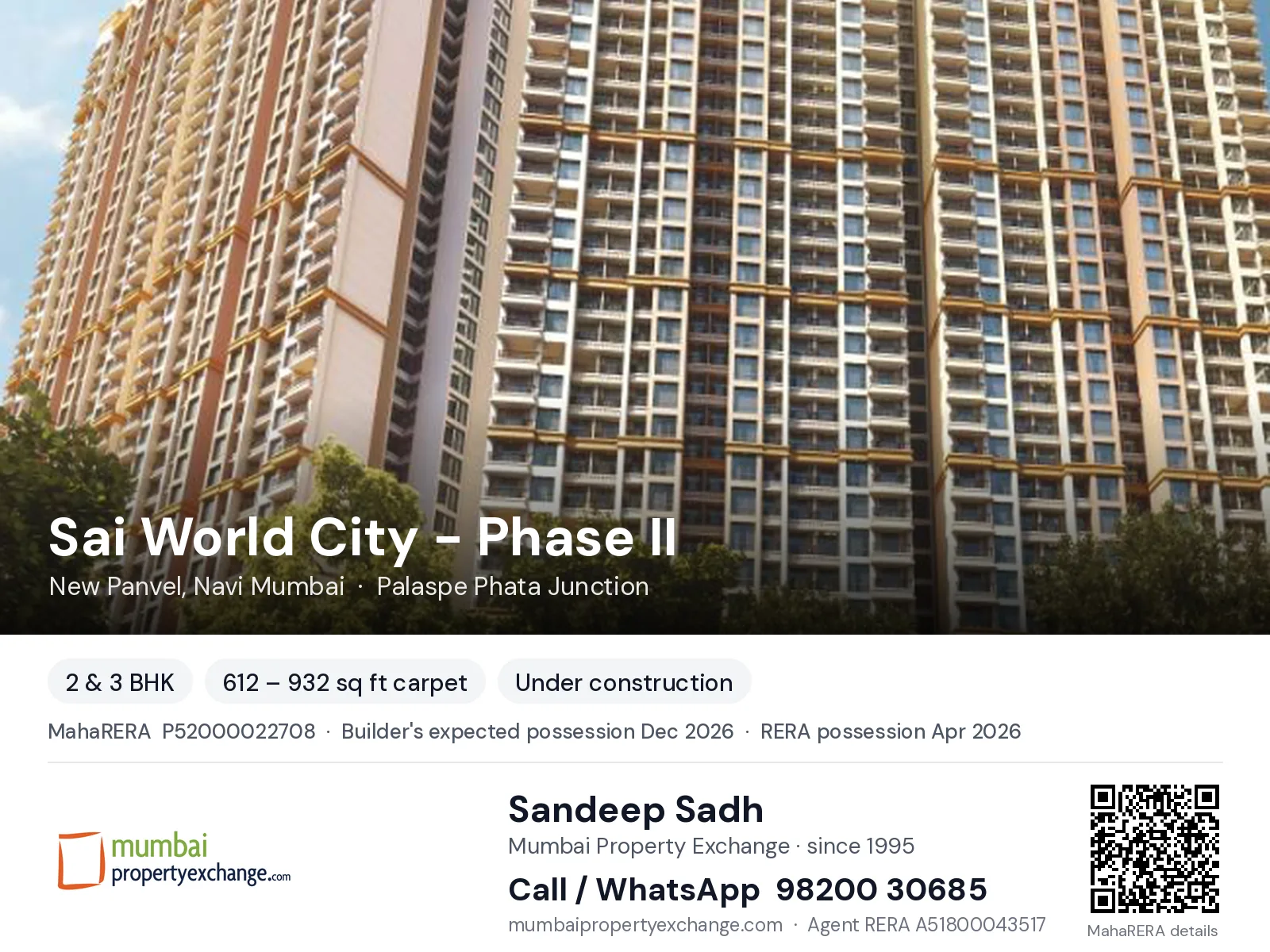 Sai World City - Phase II by Paradise, New Panvel, Navi Mumbai — 2 & 3 BHK new project, builder's expected possession Dec 2026, RERA possession Apr 2026 | Mumbai Property Exchange, Sandeep Sadh 98200 30685