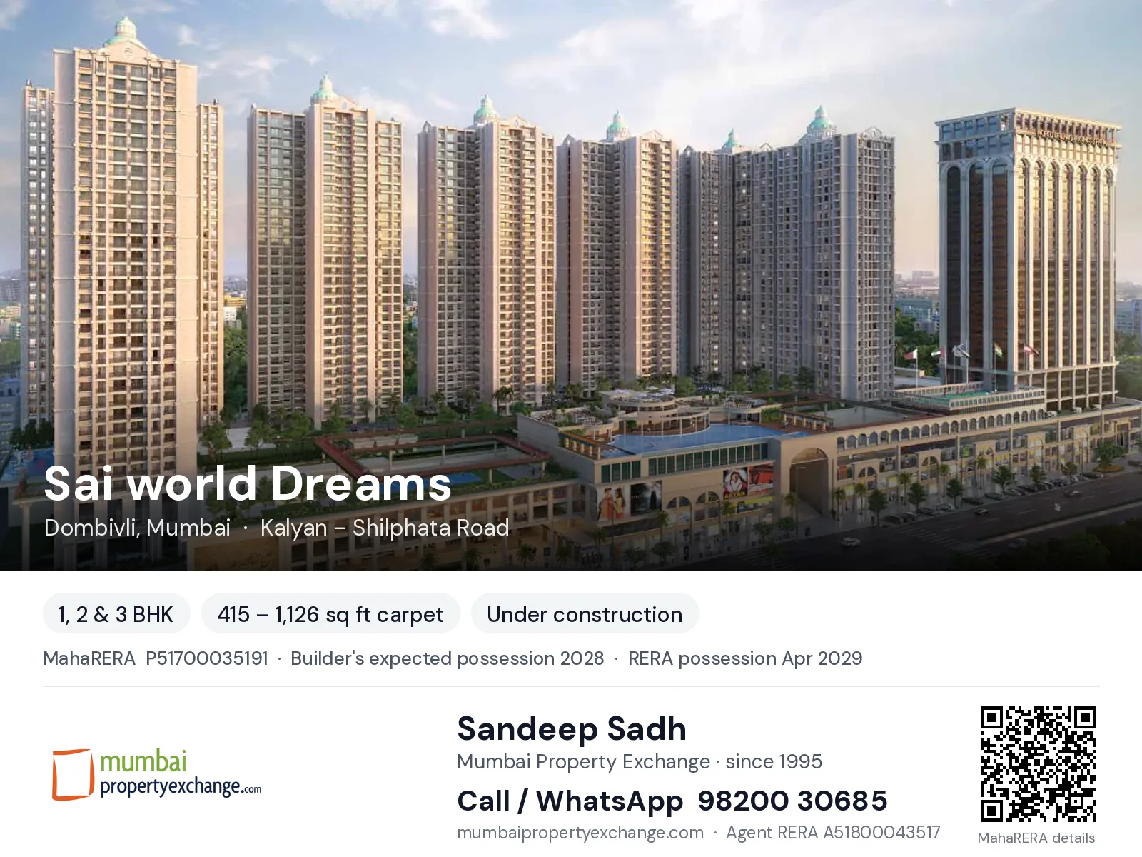 Sai world Dreams by Paradise, Dombivli, Mumbai — 1, 2 & 3 BHK new project, builder's expected possession 2028, RERA possession Apr 2029 | Mumbai Property Exchange, Sandeep Sadh 98200 30685