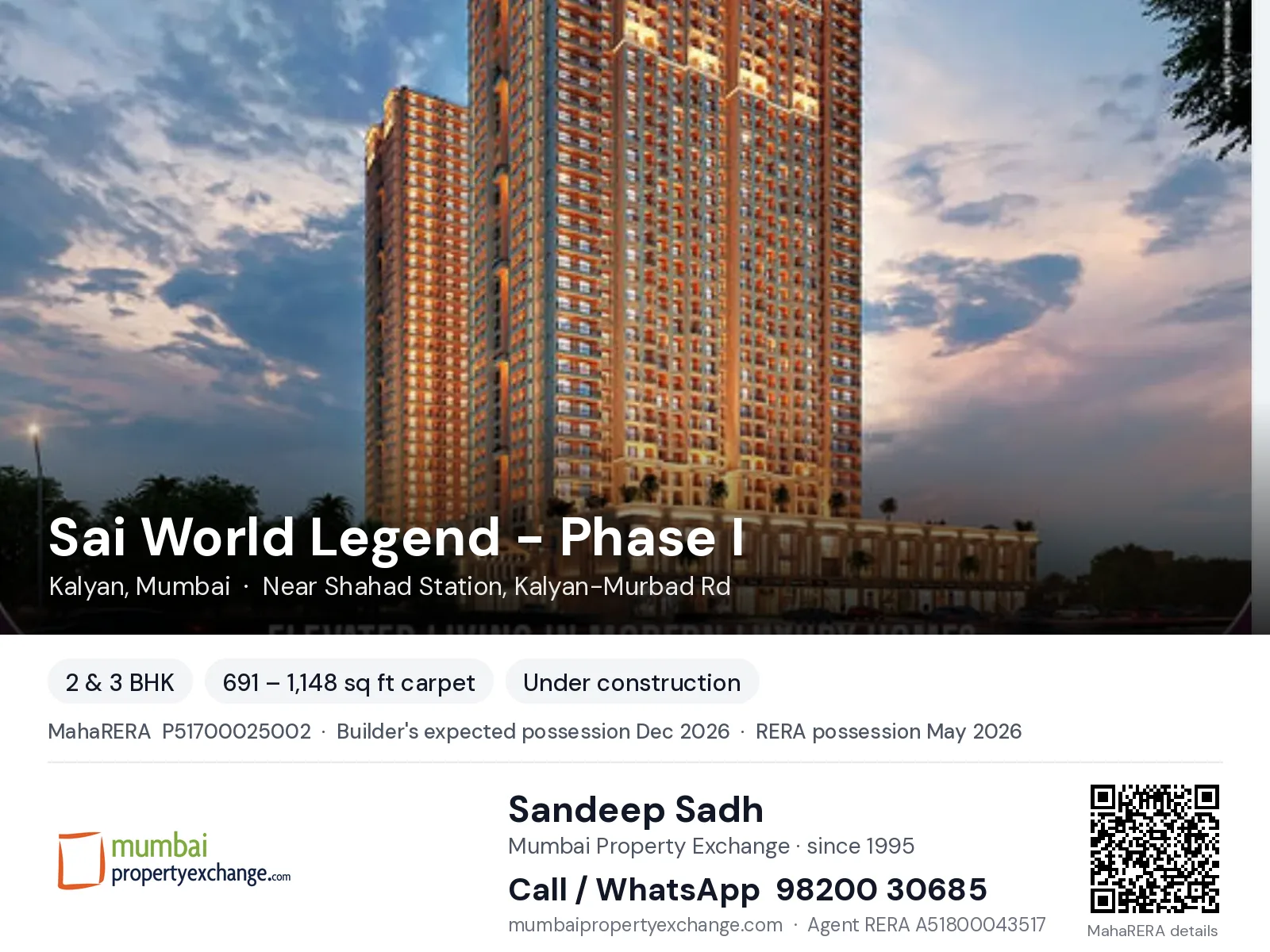 Sai World Legend - Phase I by Paradise, Kalyan, Mumbai — 2 & 3 BHK new project, builder's expected possession Dec 2026, RERA possession May 2026 | Mumbai Property Exchange, Sandeep Sadh 98200 30685