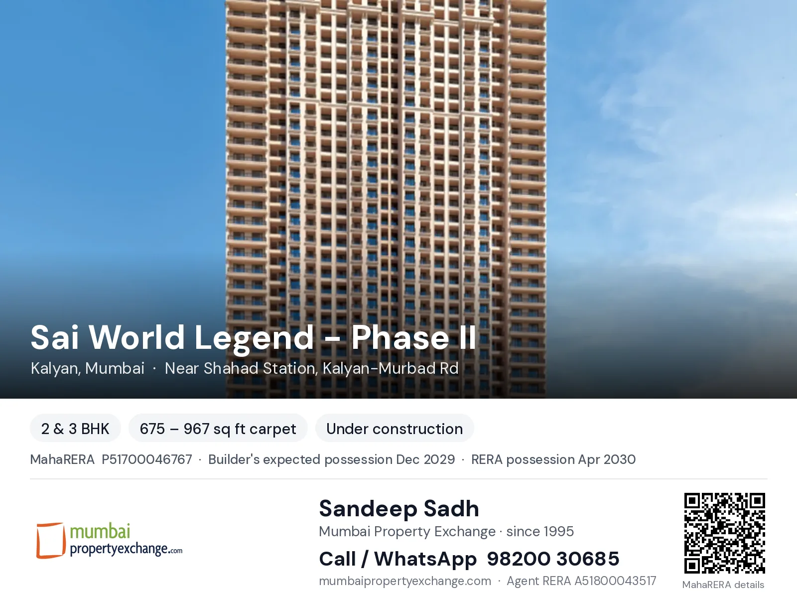 Sai World Legend - Phase II by Paradise, Kalyan, Mumbai — 2 & 3 BHK new project, builder's expected possession Dec 2029, RERA possession Apr 2030 | Mumbai Property Exchange, Sandeep Sadh 98200 30685