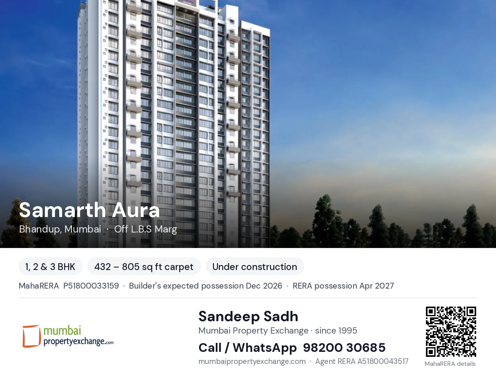 Samarth Aura by Ashapura, Bhandup, Mumbai — 1, 2 & 3 BHK new project, builder's expected possession Dec 2026, RERA possession Apr 2027 | Mumbai Property Exchange, Sandeep Sadh 98200 30685