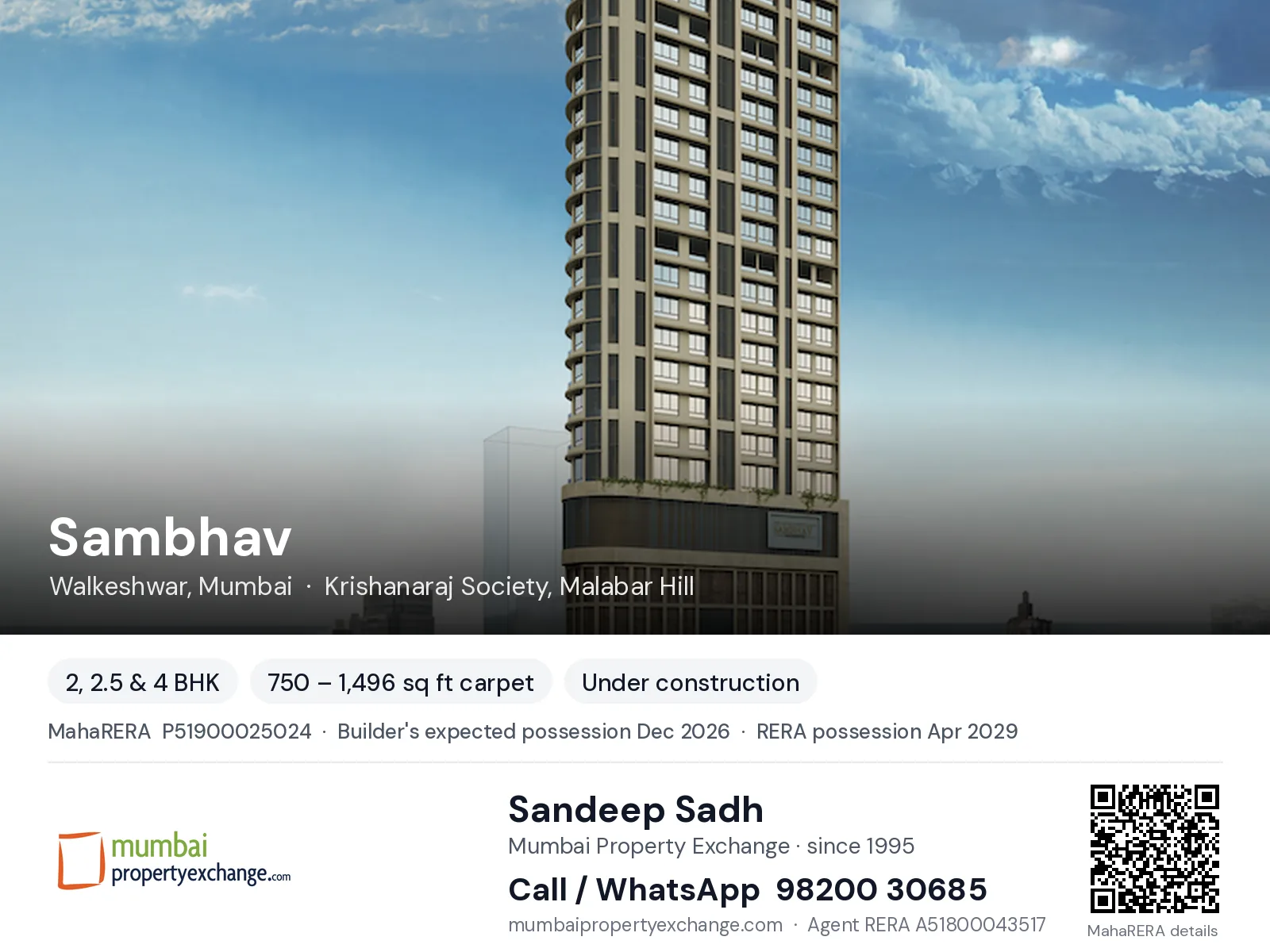 Sambhav by Hubtown, Walkeshwar, Mumbai — 2, 2.5 & 4 BHK new project, builder's expected possession Dec 2026, RERA possession Apr 2029 | Mumbai Property Exchange, Sandeep Sadh 98200 30685