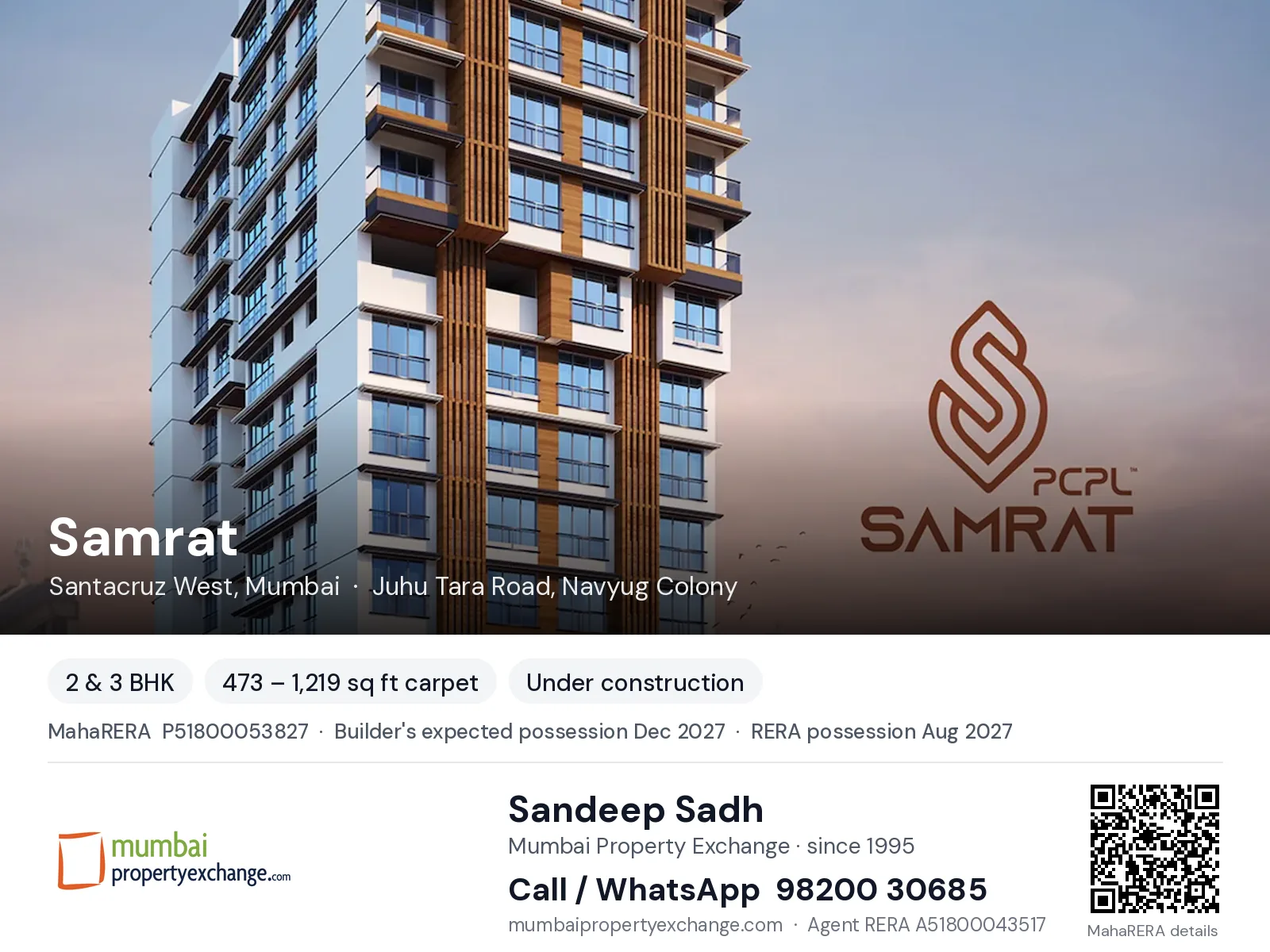 Samrat by PCPL, Santacruz West, Mumbai — 2 & 3 BHK new project, builder's expected possession Dec 2027, RERA possession Aug 2027 | Mumbai Property Exchange, Sandeep Sadh 98200 30685