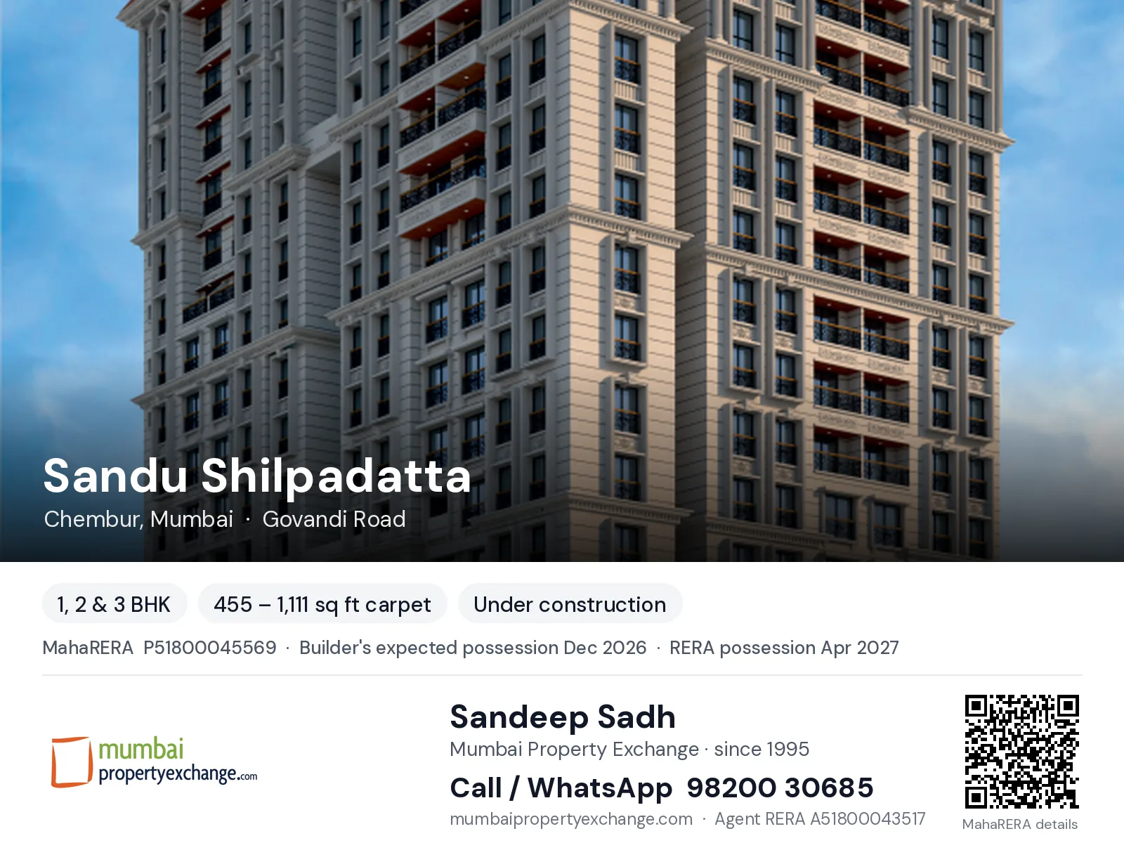 Sandu Shilpadatta, Chembur, Mumbai — 1, 2 & 3 BHK new project, builder's expected possession Dec 2026, RERA possession Apr 2027 | Mumbai Property Exchange, Sandeep Sadh 98200 30685