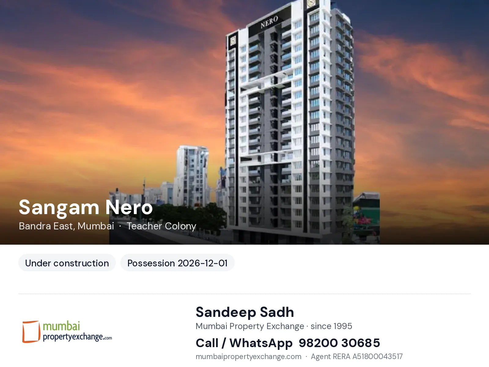 Sangam Nero, Bandra East, Mumbai — new project, possession 2026-12-01 | Mumbai Property Exchange, Sandeep Sadh 98200 30685