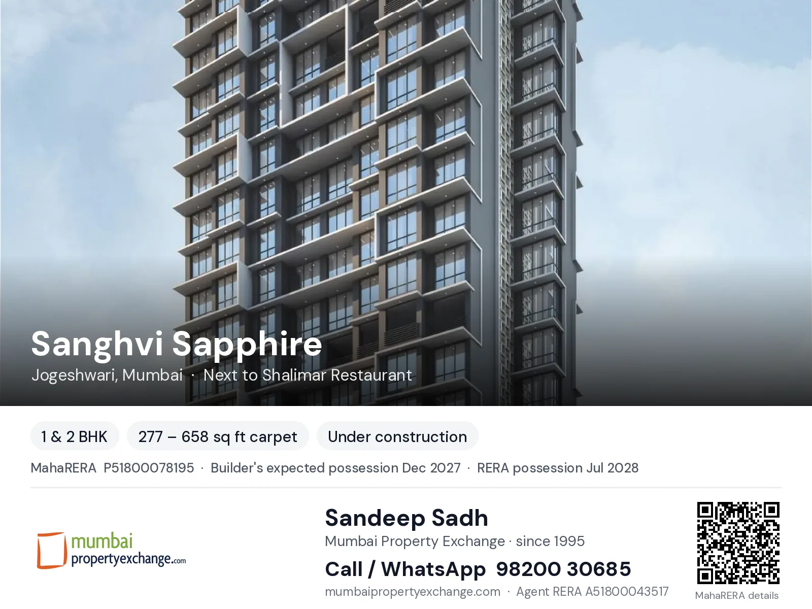 Sanghvi Sapphire, Jogeshwari, Mumbai — 1 & 2 BHK new project, builder's expected possession Dec 2027, RERA possession Jul 2028 | Mumbai Property Exchange, Sandeep Sadh 98200 30685