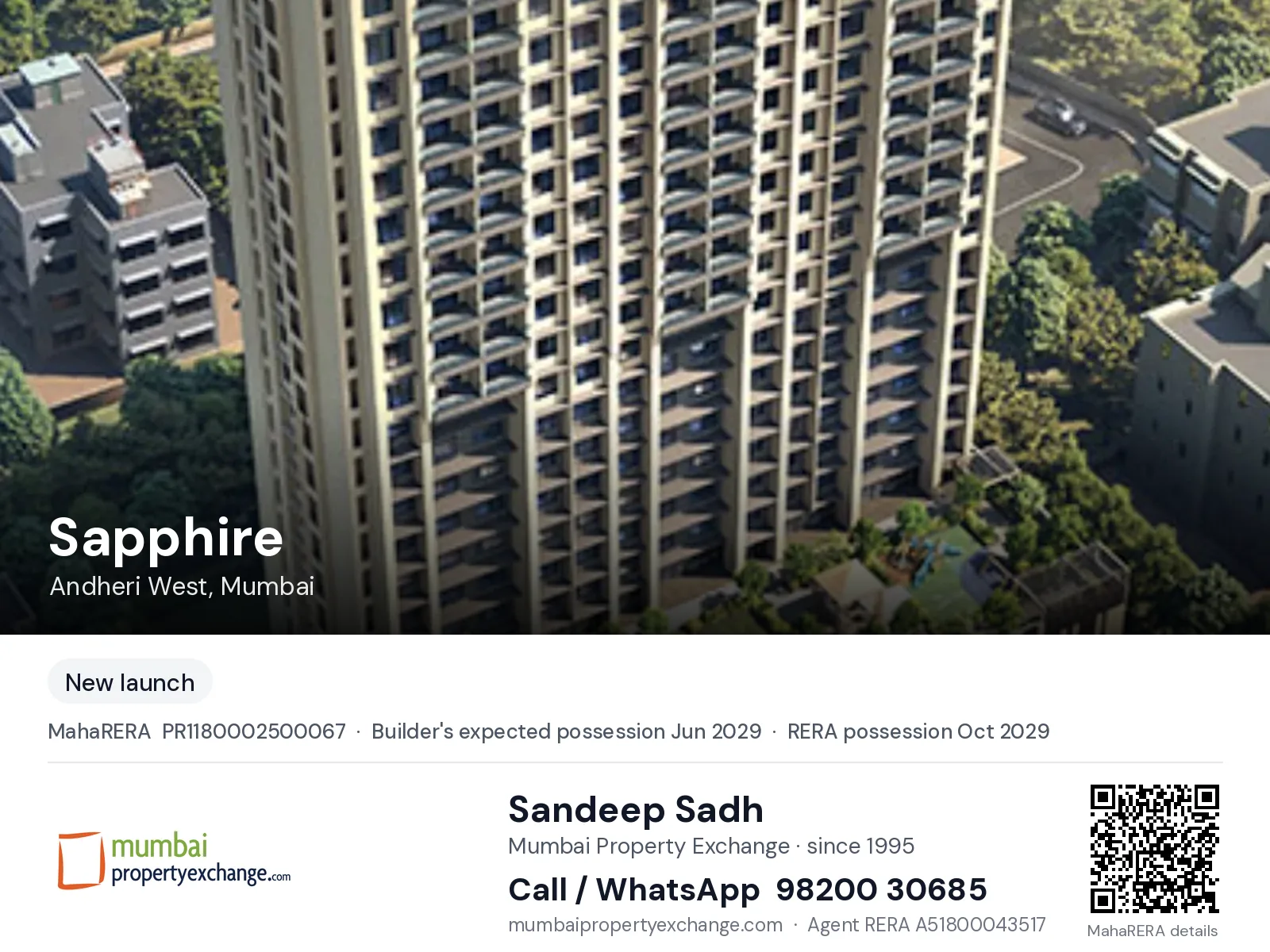 Sapphire by Gee Cee Venture, Andheri West, Mumbai — new project, builder's expected possession Jun 2029, RERA possession Oct 2029 | Mumbai Property Exchange, Sandeep Sadh 98200 30685