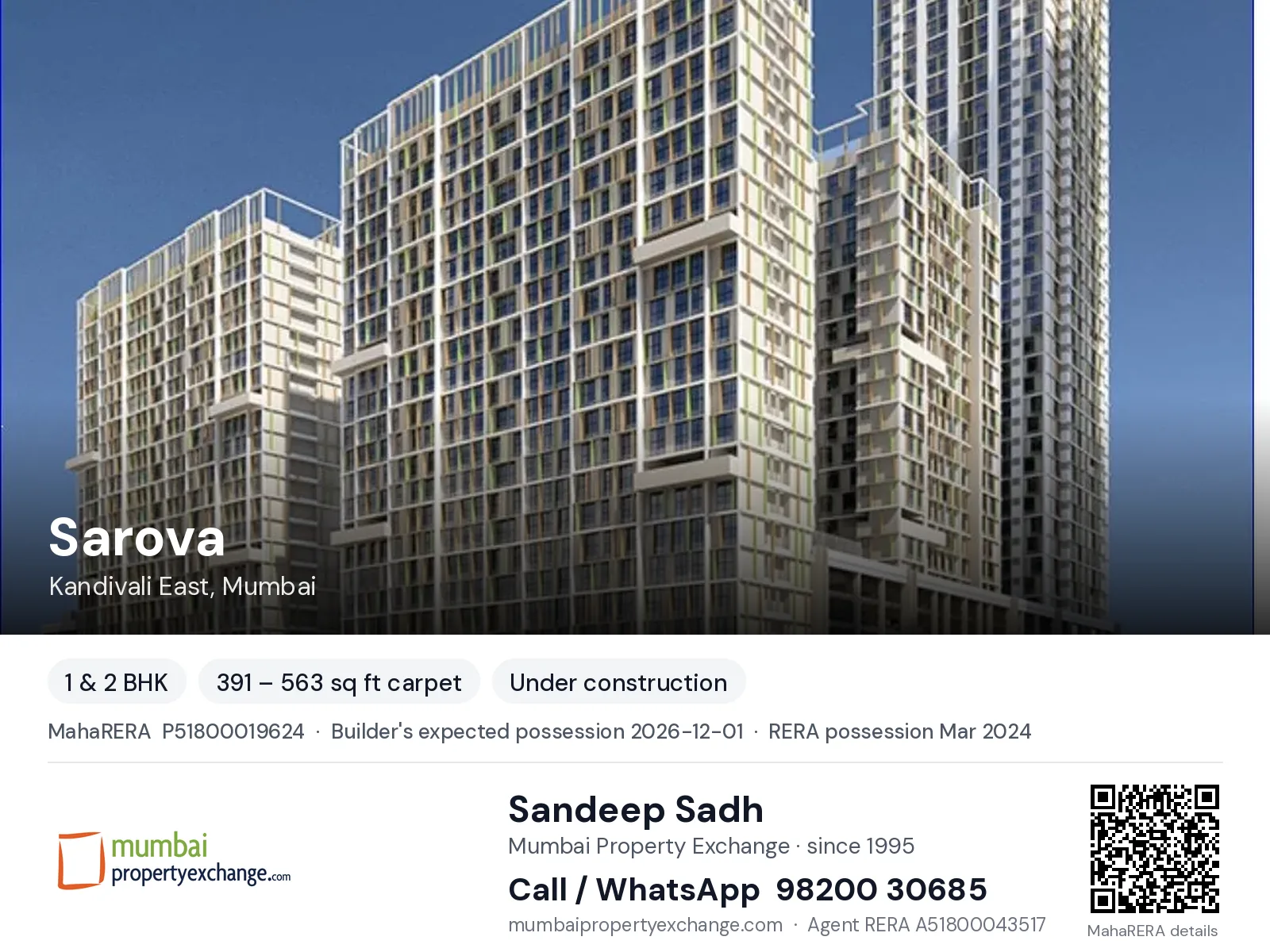 Sarova by S D, Kandivali East, Mumbai — 1 & 2 BHK new project, builder's expected possession 2026-12-01, RERA possession Mar 2024 | Mumbai Property Exchange, Sandeep Sadh 98200 30685