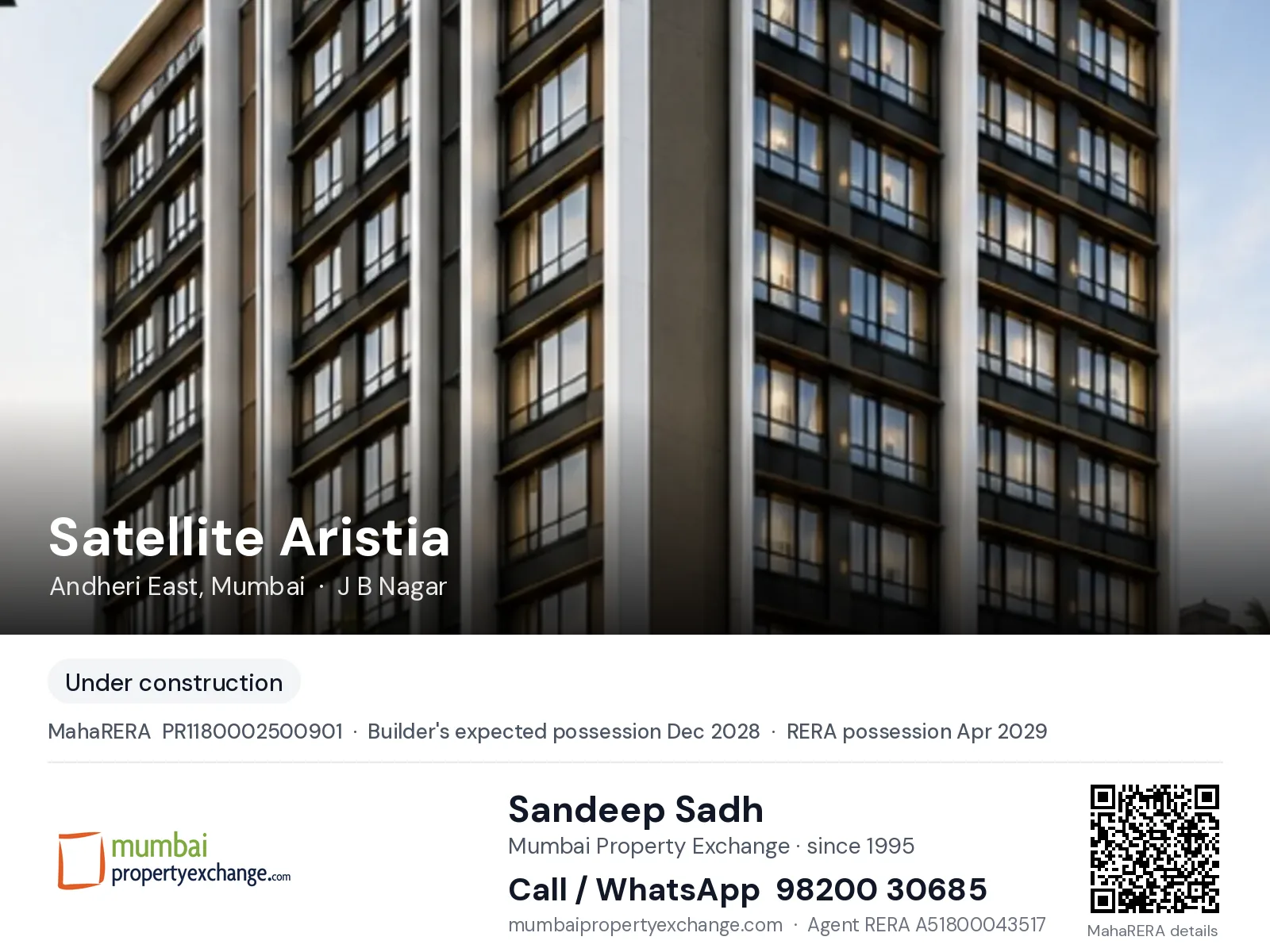 Satellite Aristia, Andheri East, Mumbai — new project, builder's expected possession Dec 2028, RERA possession Apr 2029 | Mumbai Property Exchange, Sandeep Sadh 98200 30685
