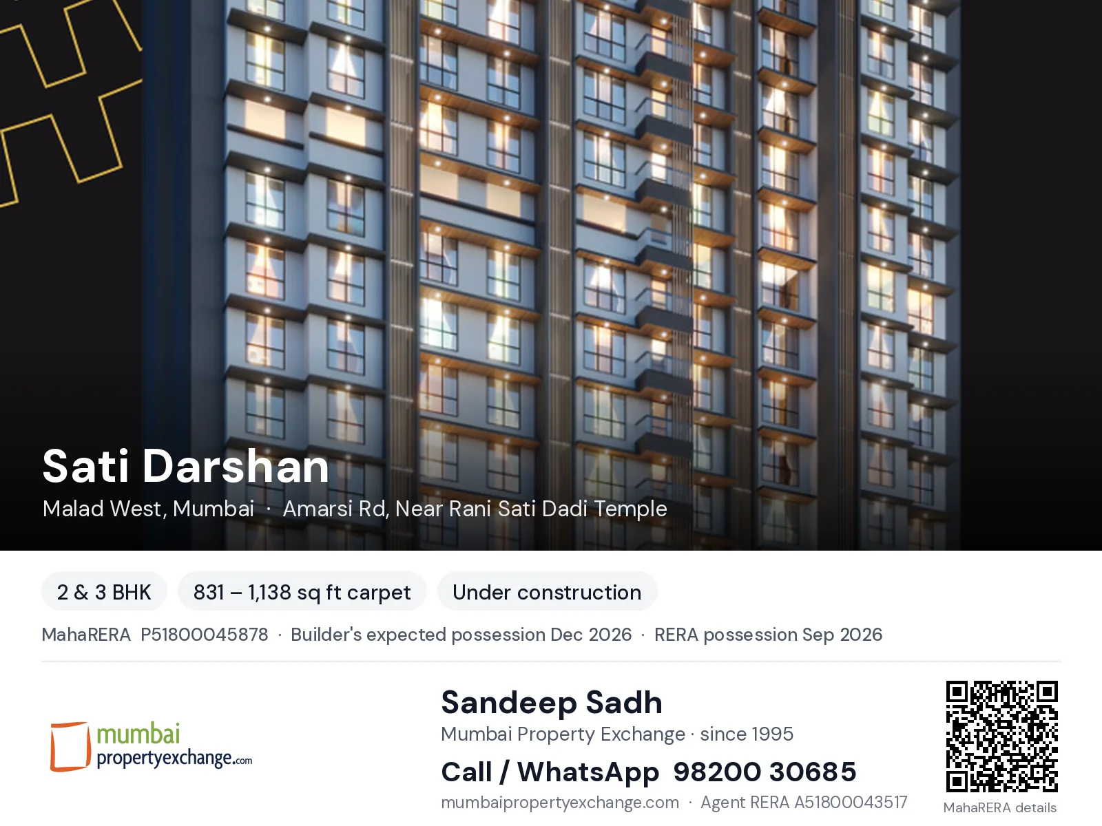 Sati Darshan by Goyal, Malad West, Mumbai — 2 & 3 BHK new project, builder's expected possession Dec 2026, RERA possession Sep 2026 | Mumbai Property Exchange, Sandeep Sadh 98200 30685