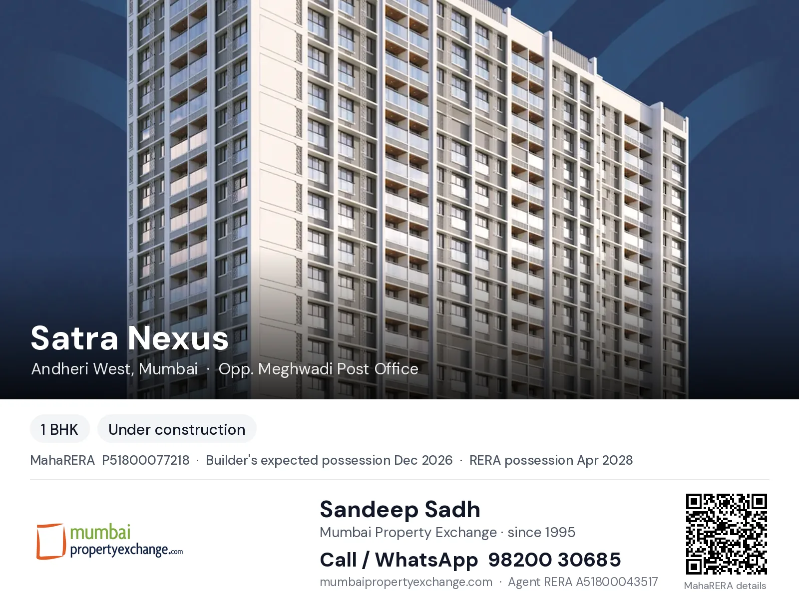 Satra Nexus, Andheri West, Mumbai — 1 BHK new project, builder's expected possession Dec 2026, RERA possession Apr 2028 | Mumbai Property Exchange, Sandeep Sadh 98200 30685