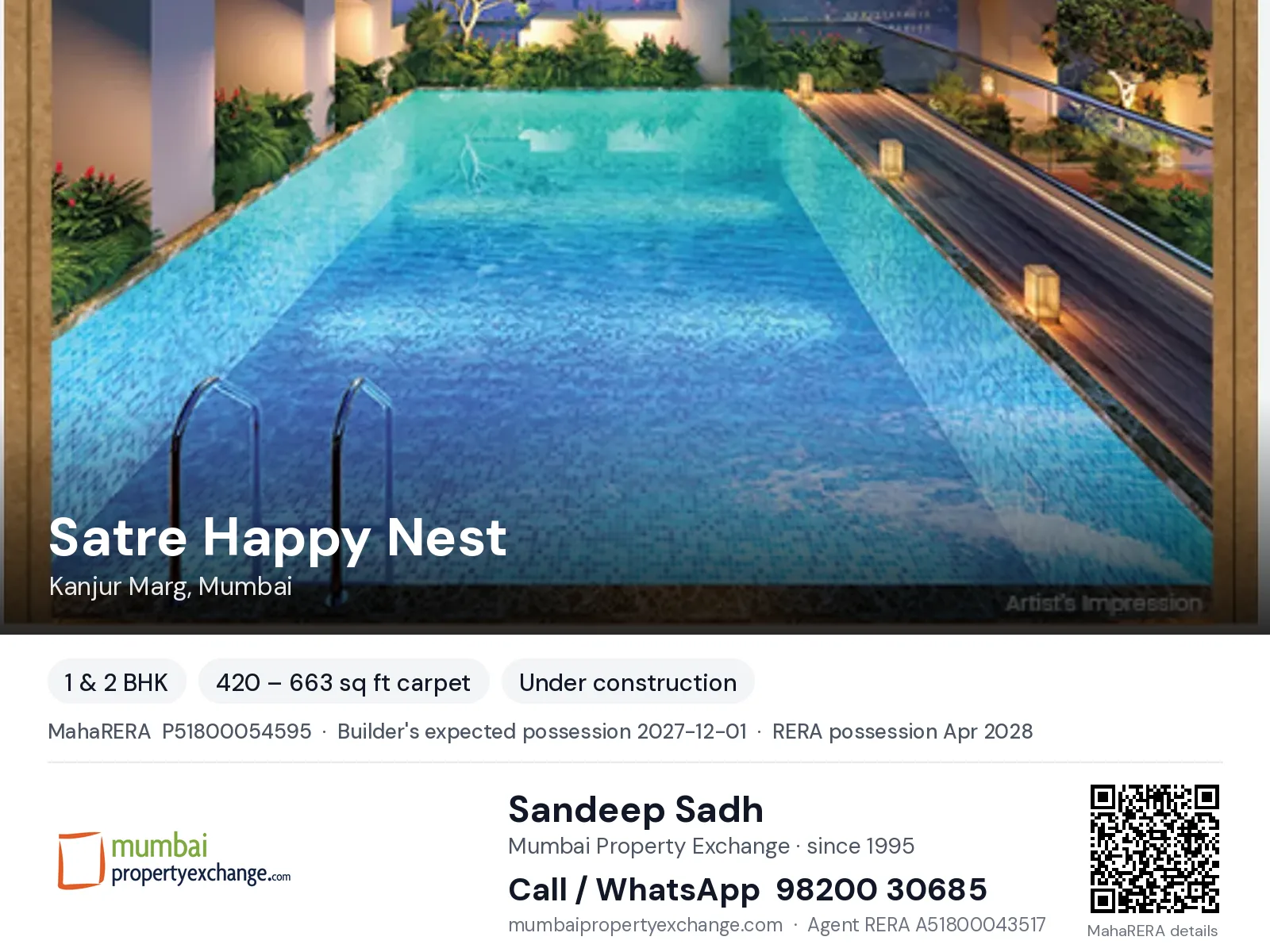 Satre Happy Nest, Kanjur Marg, Mumbai — 1 & 2 BHK new project, builder's expected possession 2027-12-01, RERA possession Apr 2028 | Mumbai Property Exchange, Sandeep Sadh 98200 30685