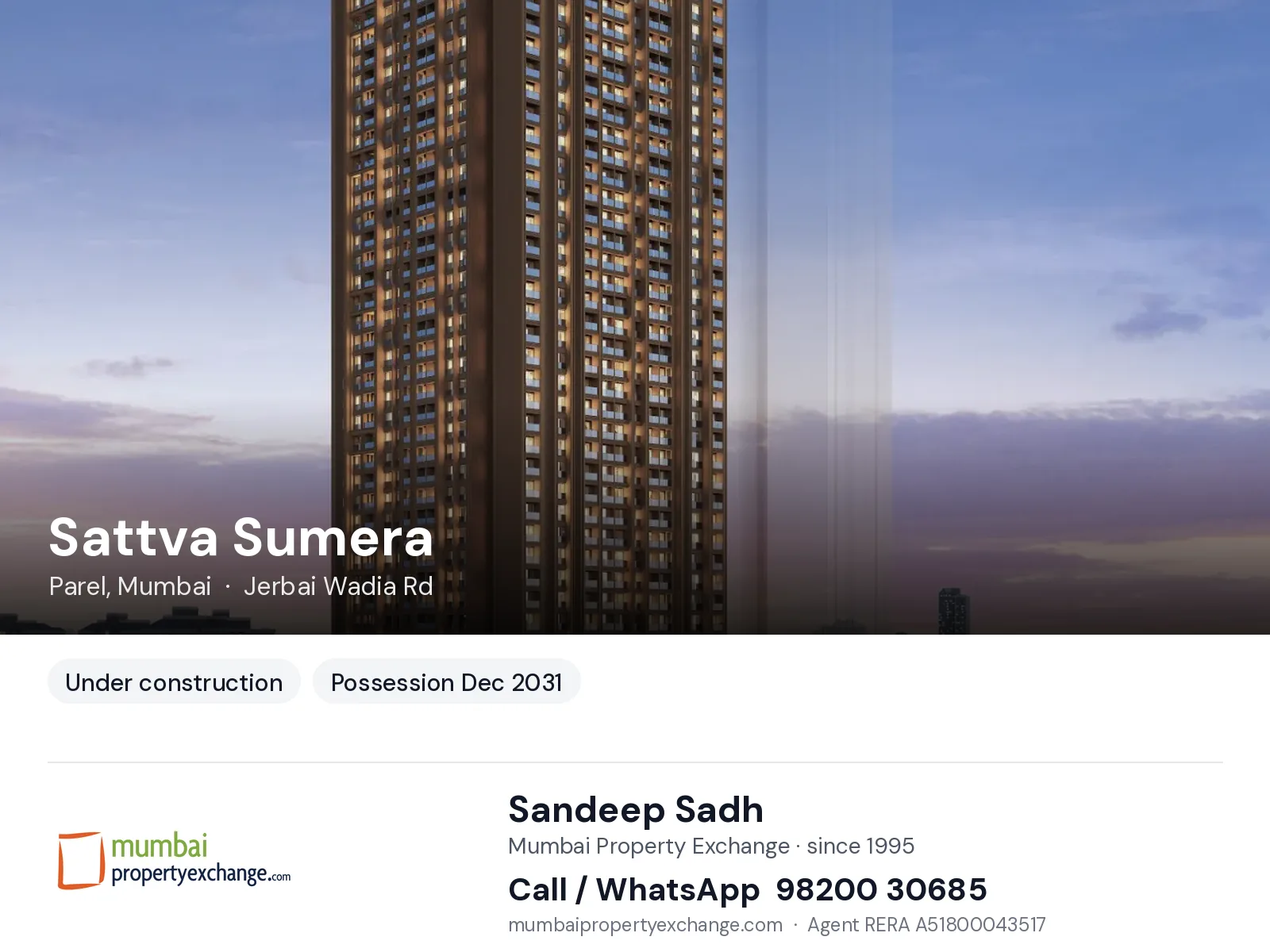Sattva Sumera, Parel, Mumbai — new project, possession Dec 2031 | Mumbai Property Exchange, Sandeep Sadh 98200 30685