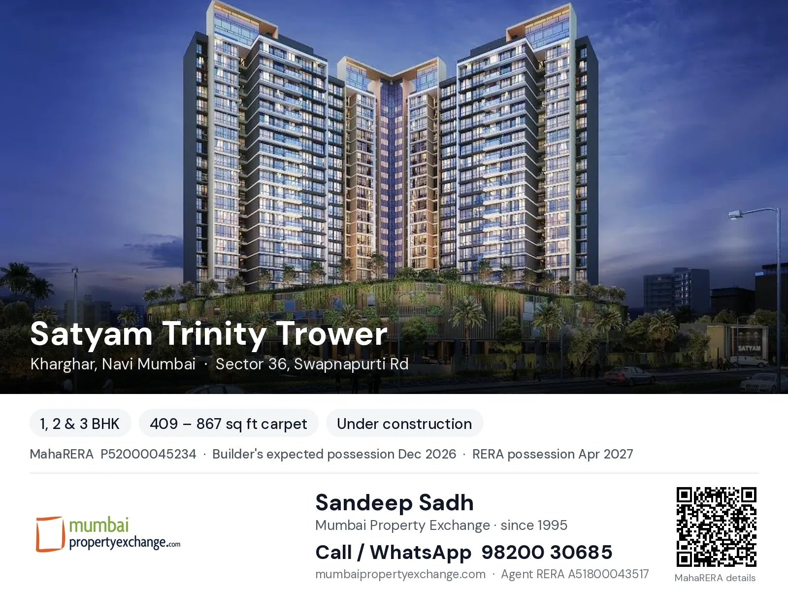 Satyam Trinity Trower, Kharghar, Navi Mumbai — 1, 2 & 3 BHK new project, builder's expected possession Dec 2026, RERA possession Apr 2027 | Mumbai Property Exchange, Sandeep Sadh 98200 30685
