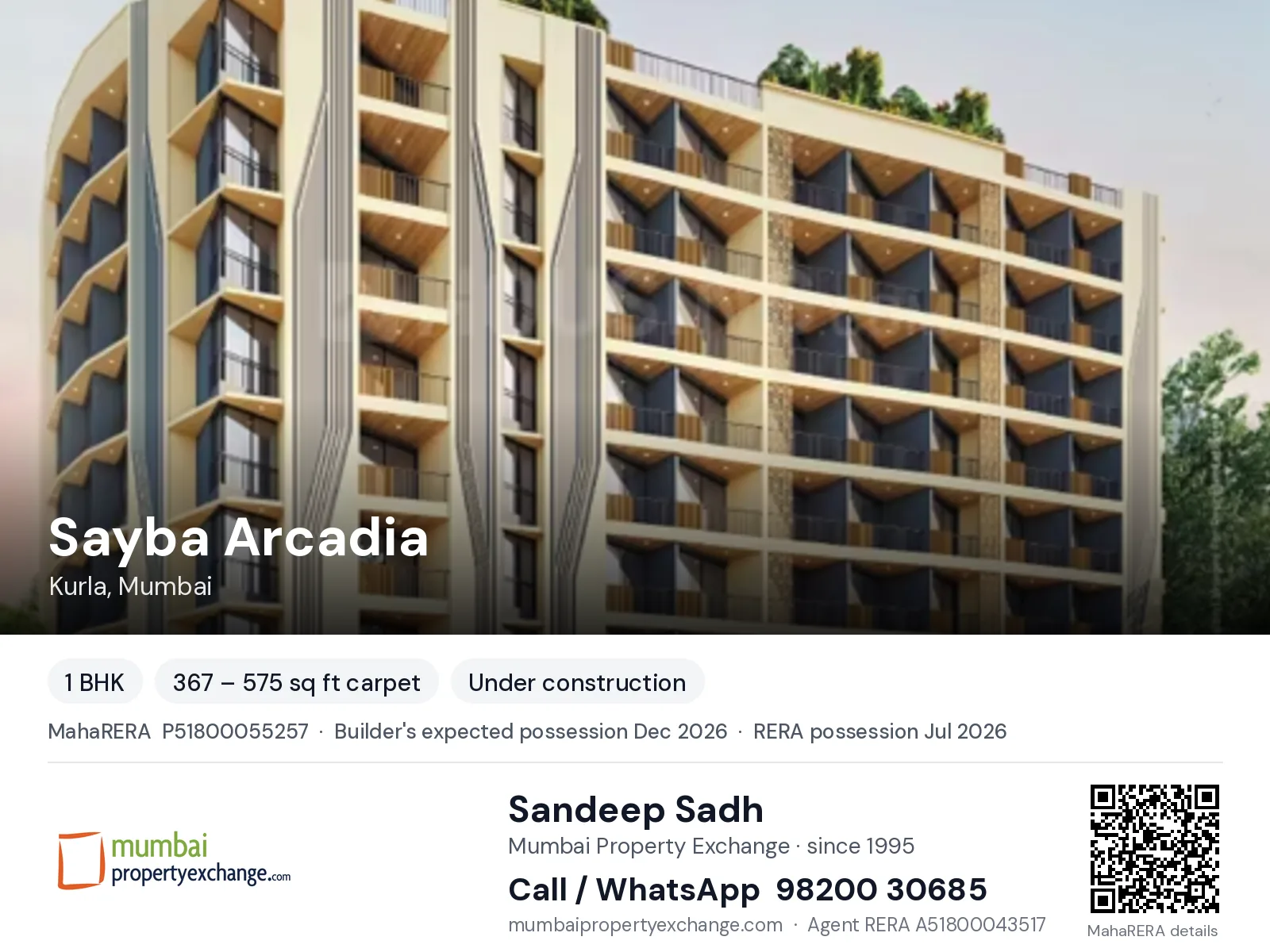 Sayba Arcadia, Kurla, Mumbai — 1 BHK new project, builder's expected possession Dec 2026, RERA possession Jul 2026 | Mumbai Property Exchange, Sandeep Sadh 98200 30685