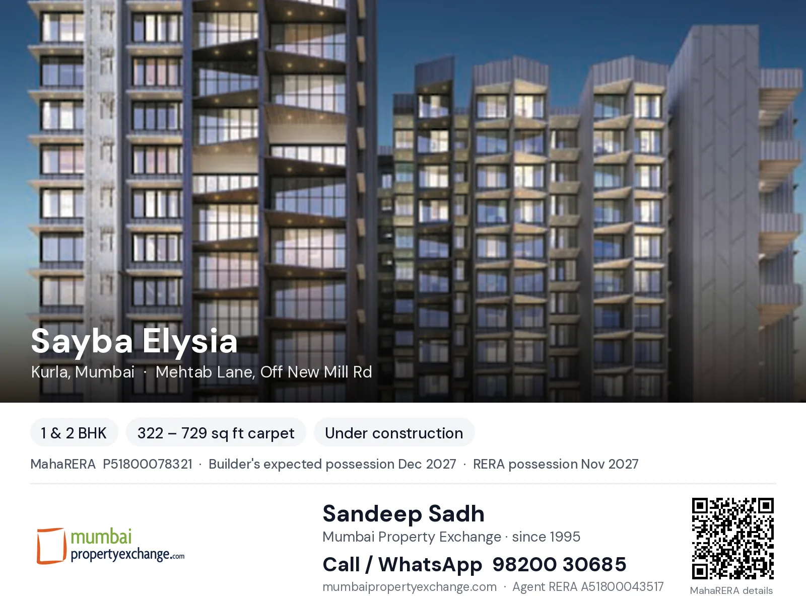 Sayba Elysia, Kurla, Mumbai — 1 & 2 BHK new project, builder's expected possession Dec 2027, RERA possession Nov 2027 | Mumbai Property Exchange, Sandeep Sadh 98200 30685