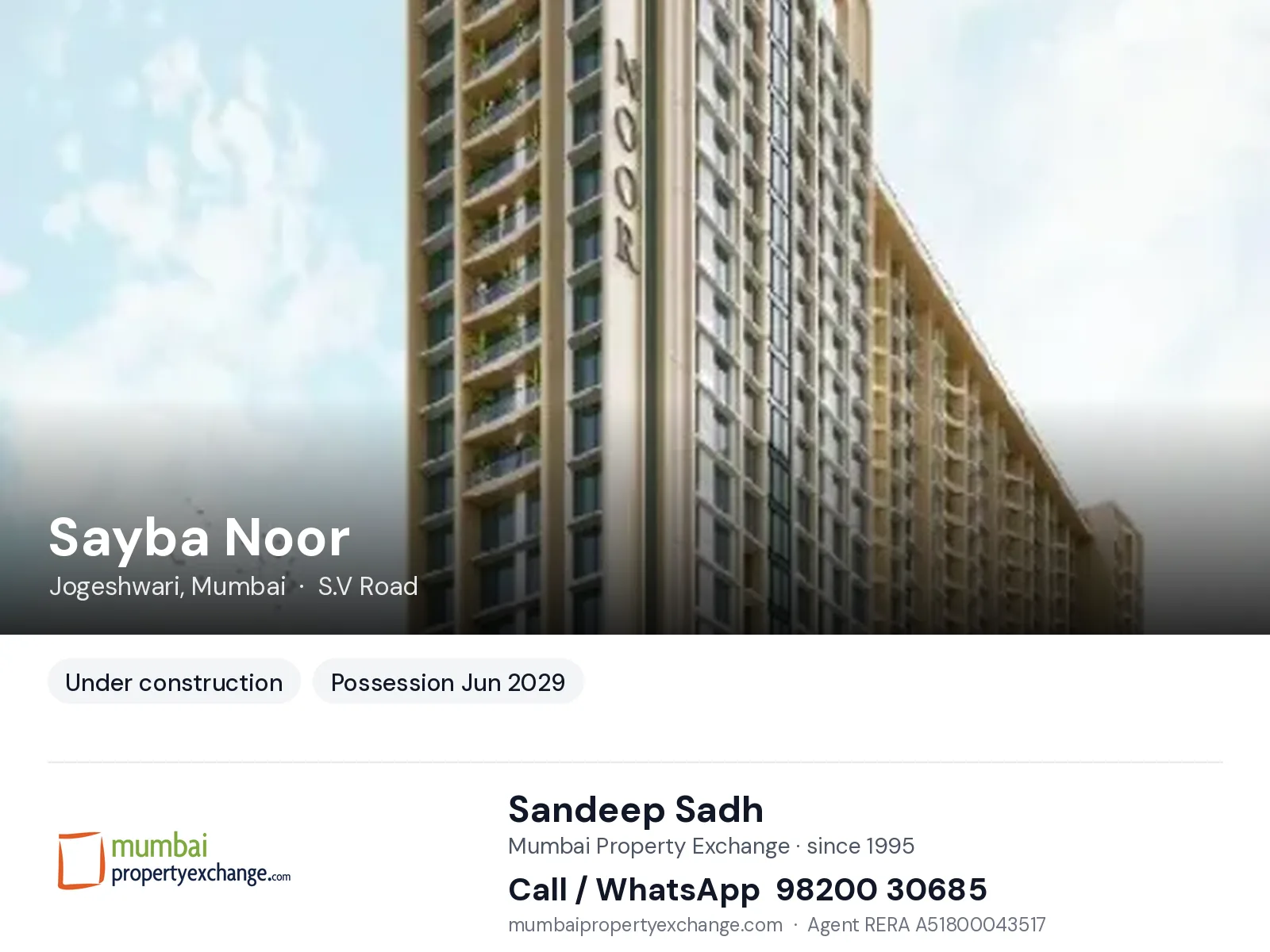 Sayba Noor, Jogeshwari, Mumbai — new project, possession Jun 2029 | Mumbai Property Exchange, Sandeep Sadh 98200 30685