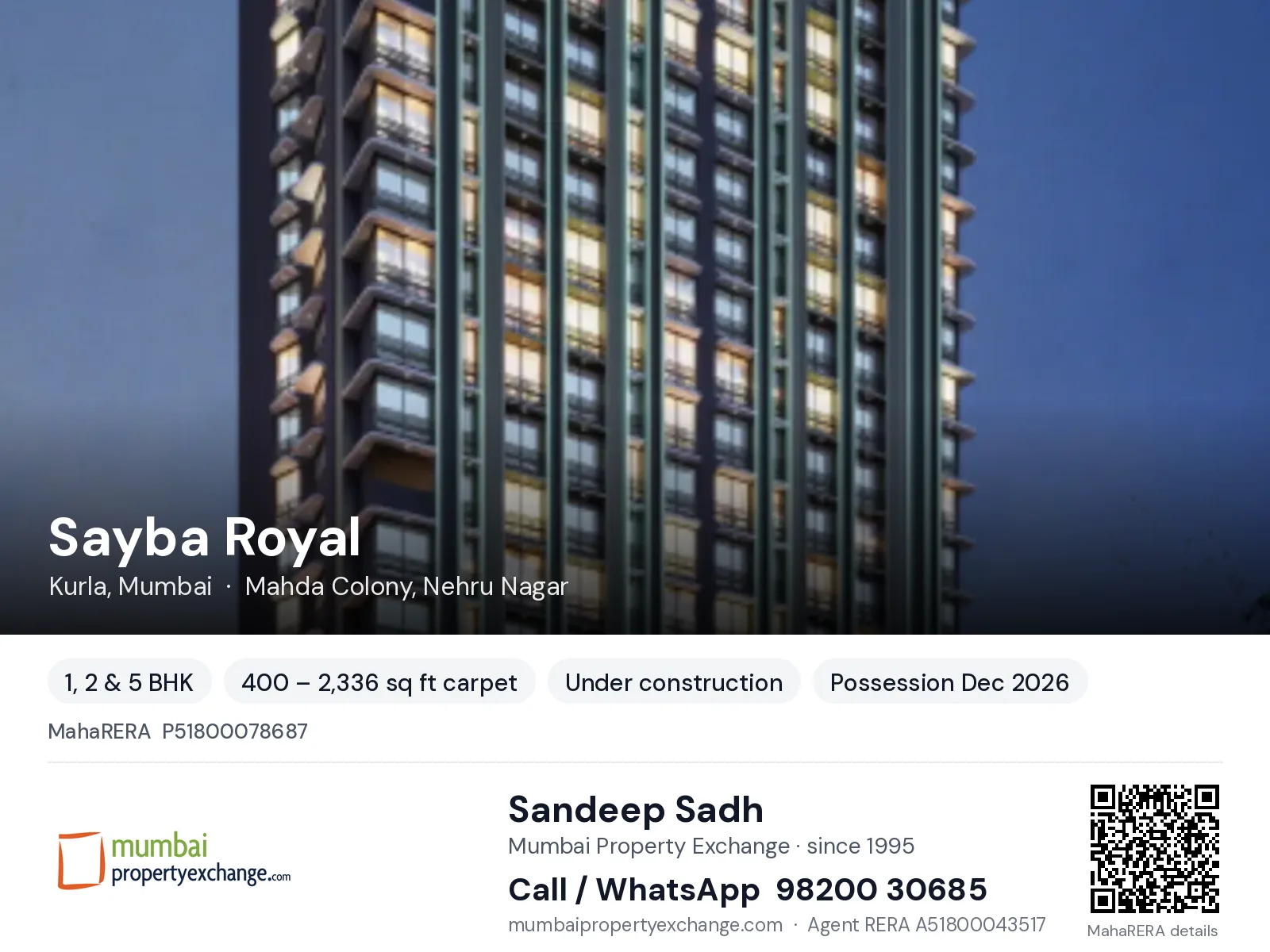 Sayba Royal, Kurla, Mumbai — 1, 2 & 5 BHK new project, possession Dec 2026 | Mumbai Property Exchange, Sandeep Sadh 98200 30685