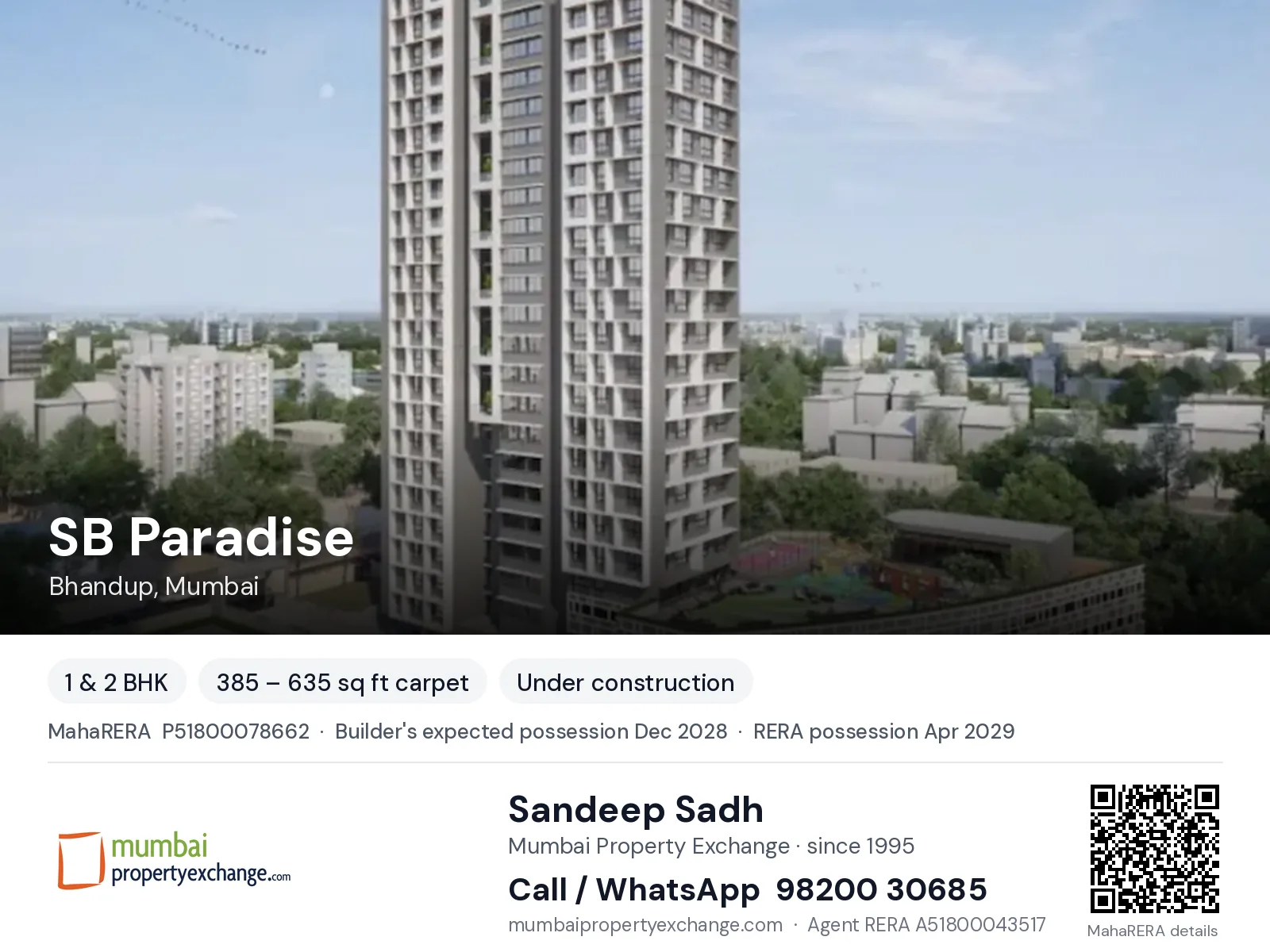 SB Paradise by JDN, Bhandup, Mumbai — 1 & 2 BHK new project, builder's expected possession Dec 2028, RERA possession Apr 2029 | Mumbai Property Exchange, Sandeep Sadh 98200 30685