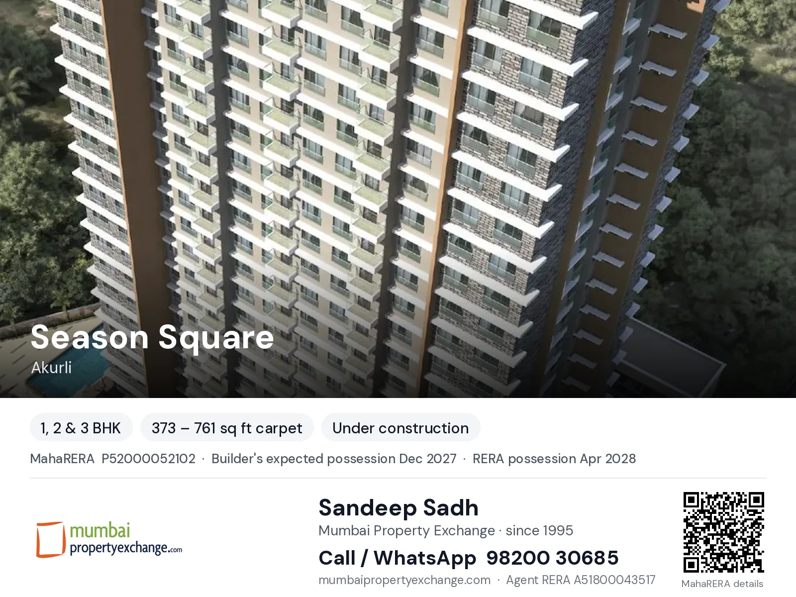 Season Square by Qualcon, Akurli — 1, 2 & 3 BHK new project, builder's expected possession Dec 2027, RERA possession Apr 2028 | Mumbai Property Exchange, Sandeep Sadh 98200 30685