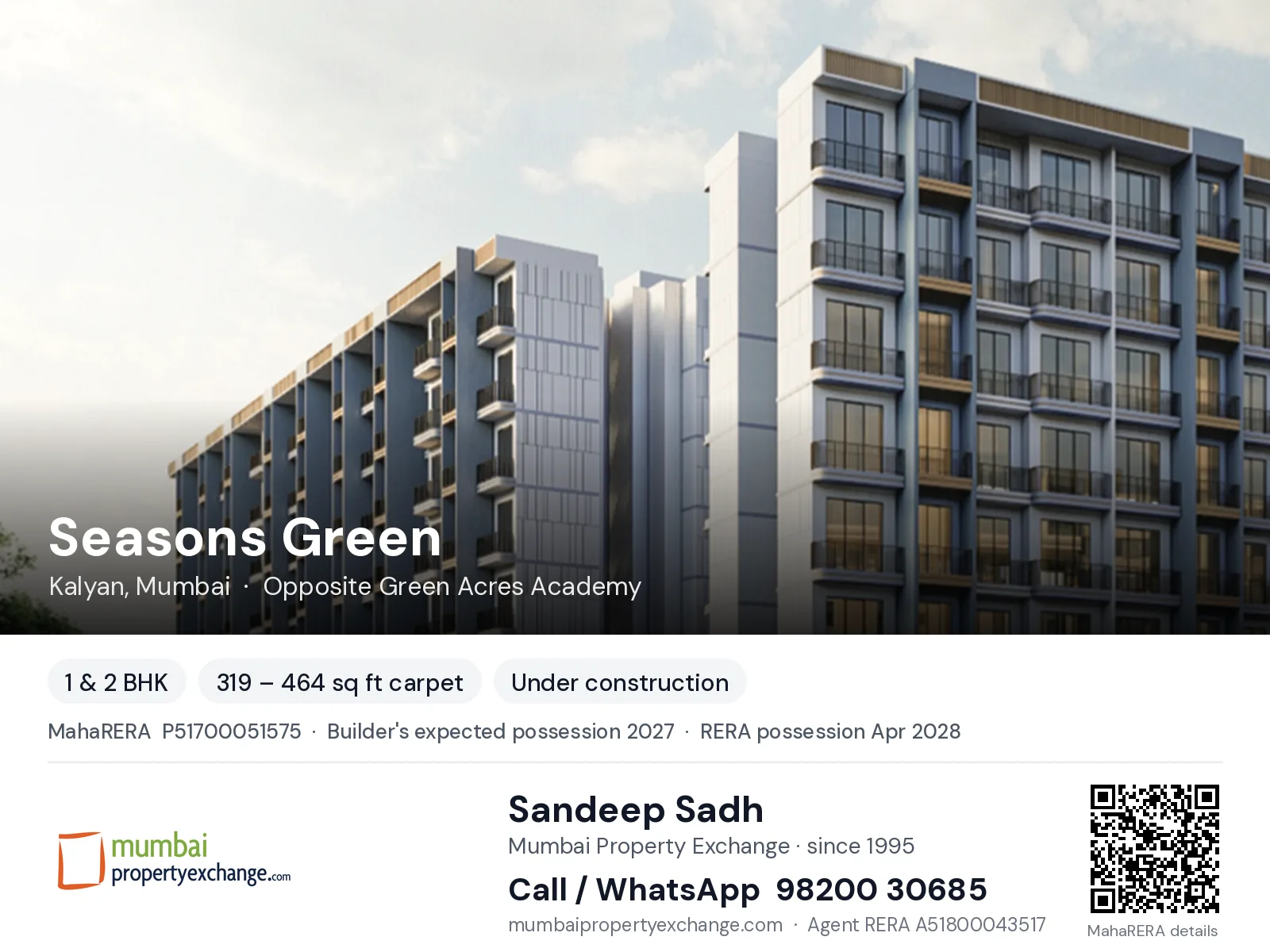 Seasons Green, Kalyan, Mumbai — 1 & 2 BHK new project, builder's expected possession 2027, RERA possession Apr 2028 | Mumbai Property Exchange, Sandeep Sadh 98200 30685