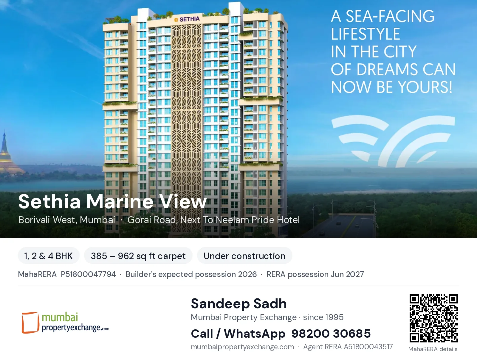 Sethia Marine View, Borivali West, Mumbai — 1, 2 & 4 BHK new project, builder's expected possession 2026, RERA possession Jun 2027 | Mumbai Property Exchange, Sandeep Sadh 98200 30685