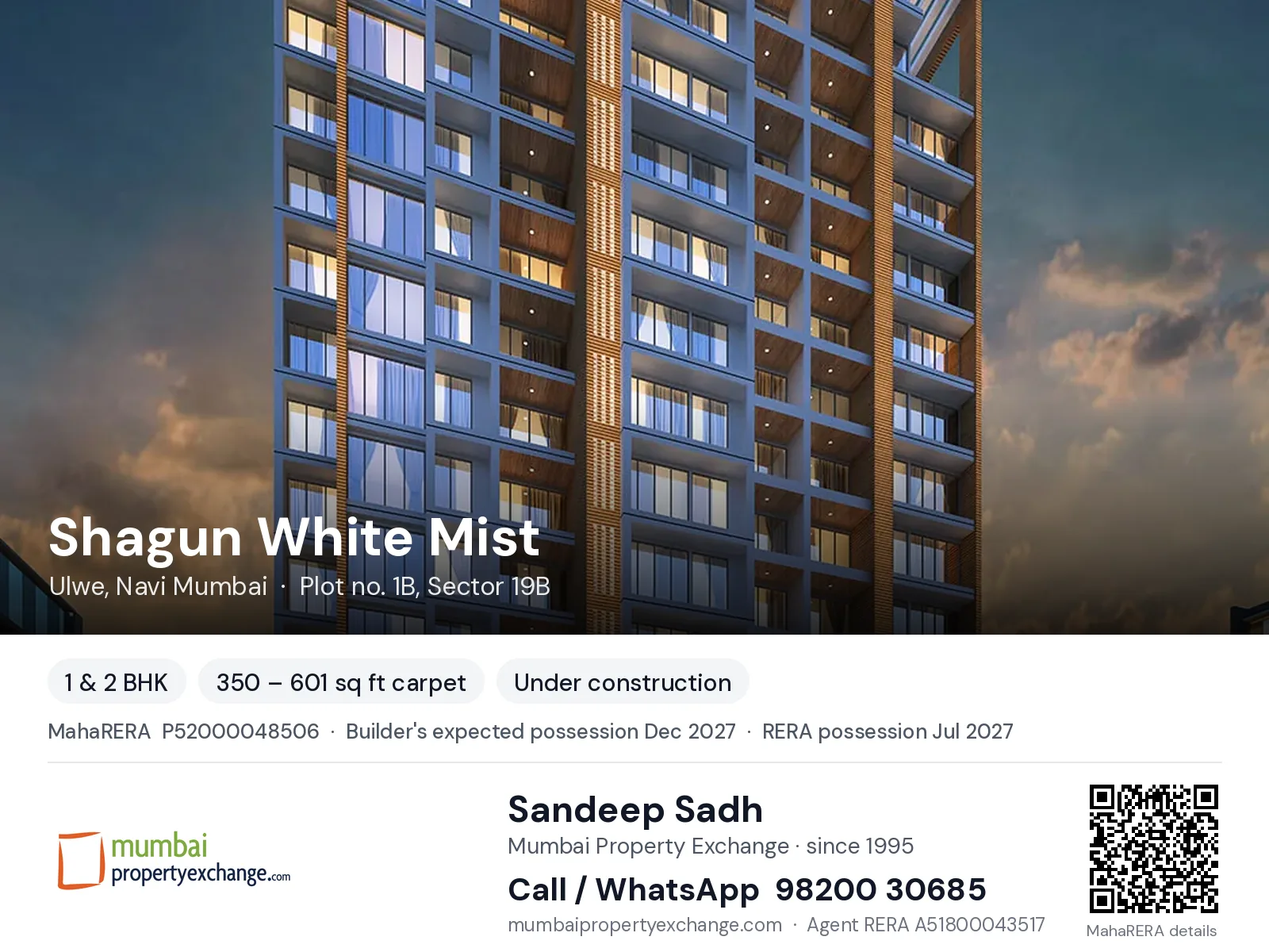Shagun White Mist, Ulwe, Navi Mumbai — 1 & 2 BHK new project, builder's expected possession Dec 2027, RERA possession Jul 2027 | Mumbai Property Exchange, Sandeep Sadh 98200 30685
