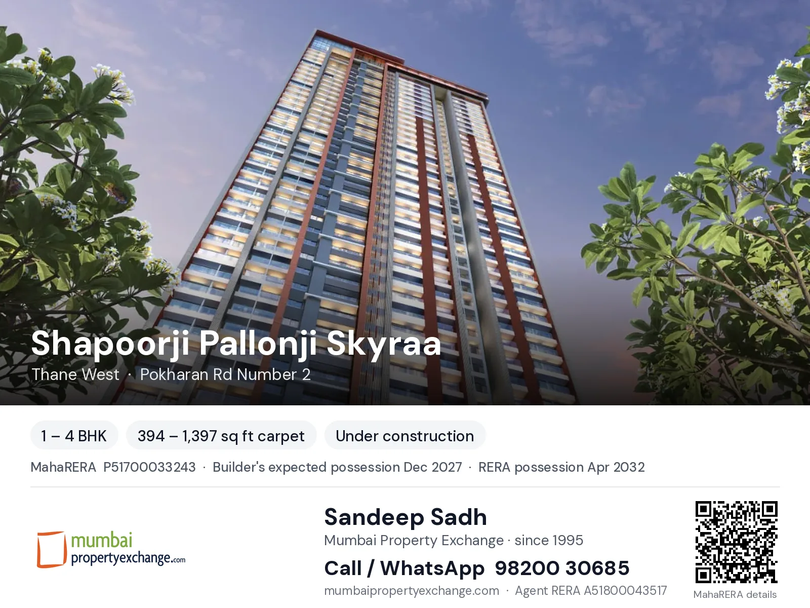 Shapoorji Pallonji Skyraa, Thane West — 1 – 4 BHK new project, builder's expected possession Dec 2027, RERA possession Apr 2032 | Mumbai Property Exchange, Sandeep Sadh 98200 30685
