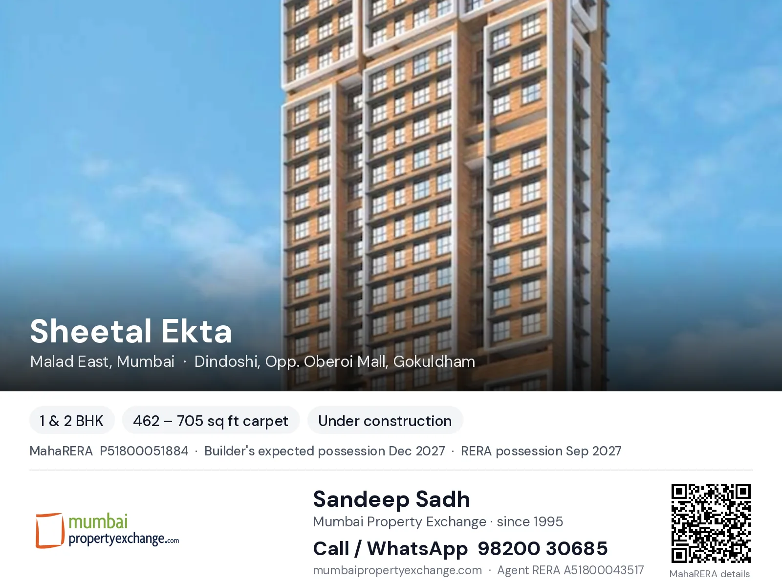 Sheetal Ekta by DGS, Malad East, Mumbai — 1 & 2 BHK new project, builder's expected possession Dec 2027, RERA possession Sep 2027 | Mumbai Property Exchange, Sandeep Sadh 98200 30685