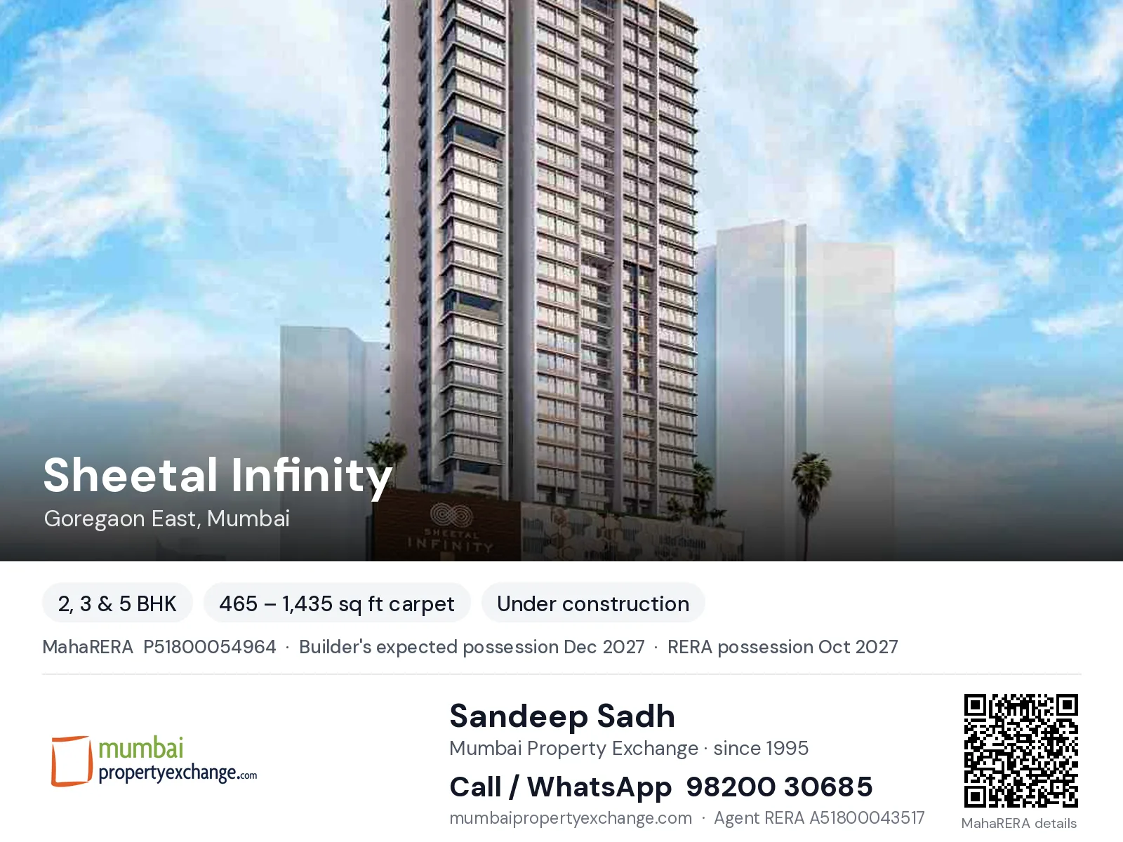 Sheetal Infinity by DGS, Goregaon East, Mumbai — 2, 3 & 5 BHK new project, builder's expected possession Dec 2027, RERA possession Oct 2027 | Mumbai Property Exchange, Sandeep Sadh 98200 30685