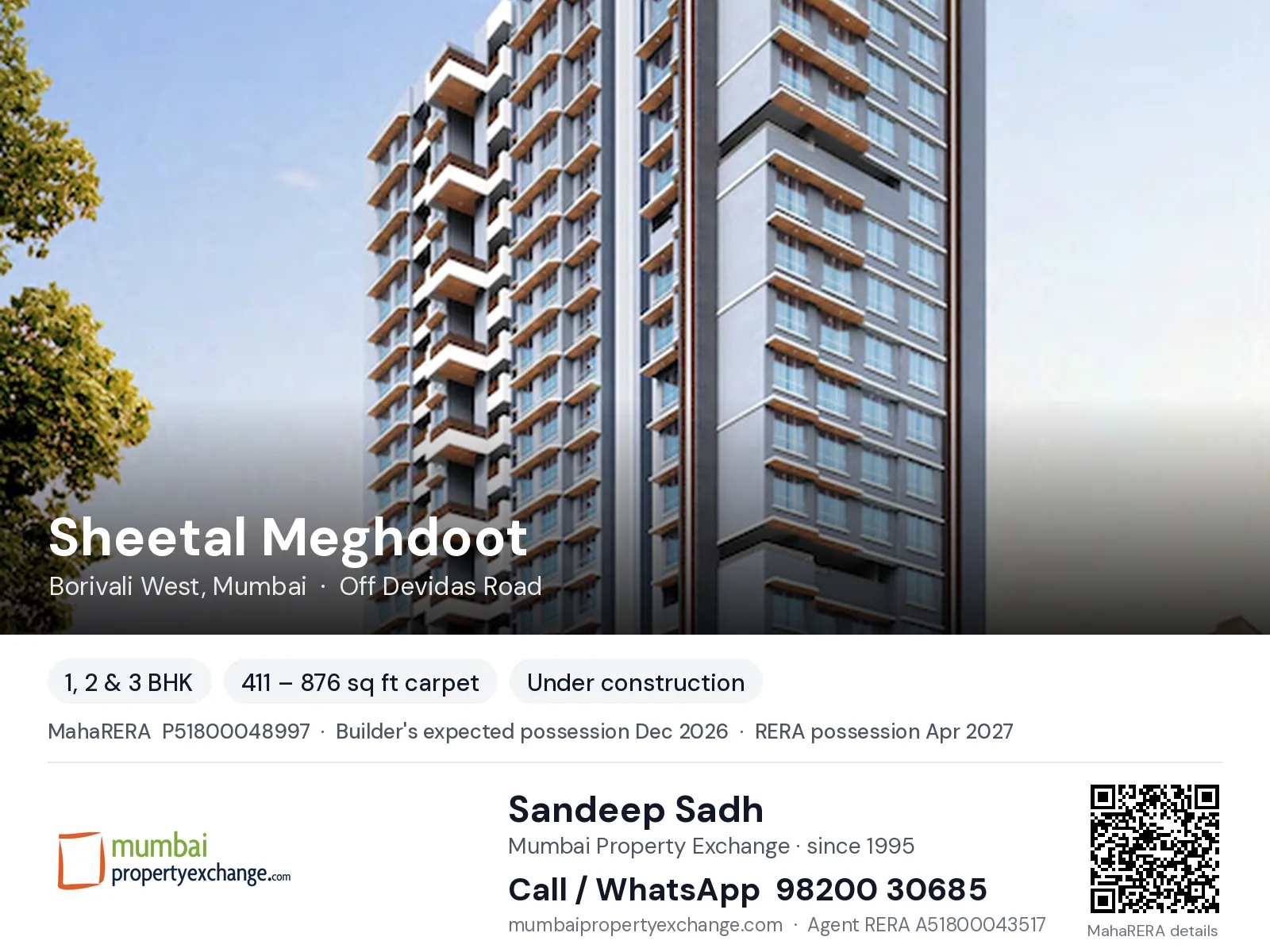 Sheetal Meghdoot by DGS, Borivali West, Mumbai — 1, 2 & 3 BHK new project, builder's expected possession Dec 2026, RERA possession Apr 2027 | Mumbai Property Exchange, Sandeep Sadh 98200 30685