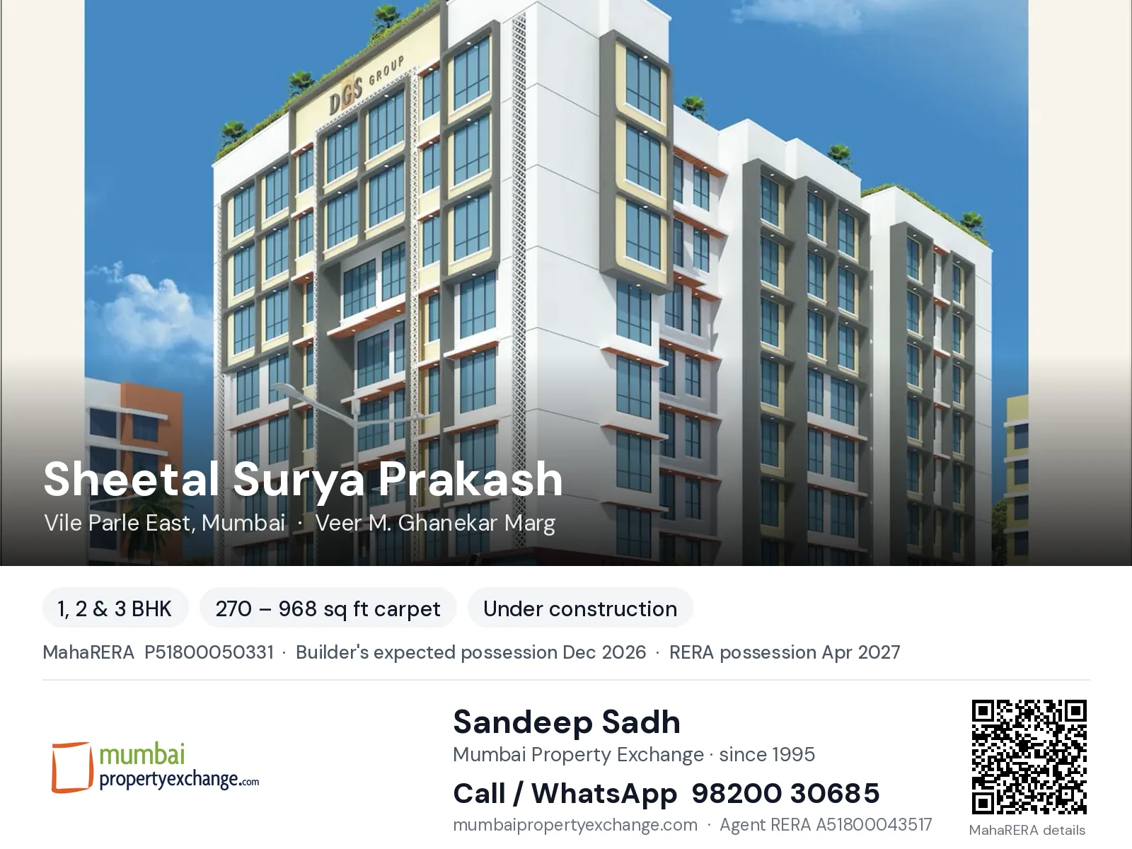 Sheetal Surya Prakash by DGS, Vile Parle East, Mumbai — 1, 2 & 3 BHK new project, builder's expected possession Dec 2026, RERA possession Apr 2027 | Mumbai Property Exchange, Sandeep Sadh 98200 30685