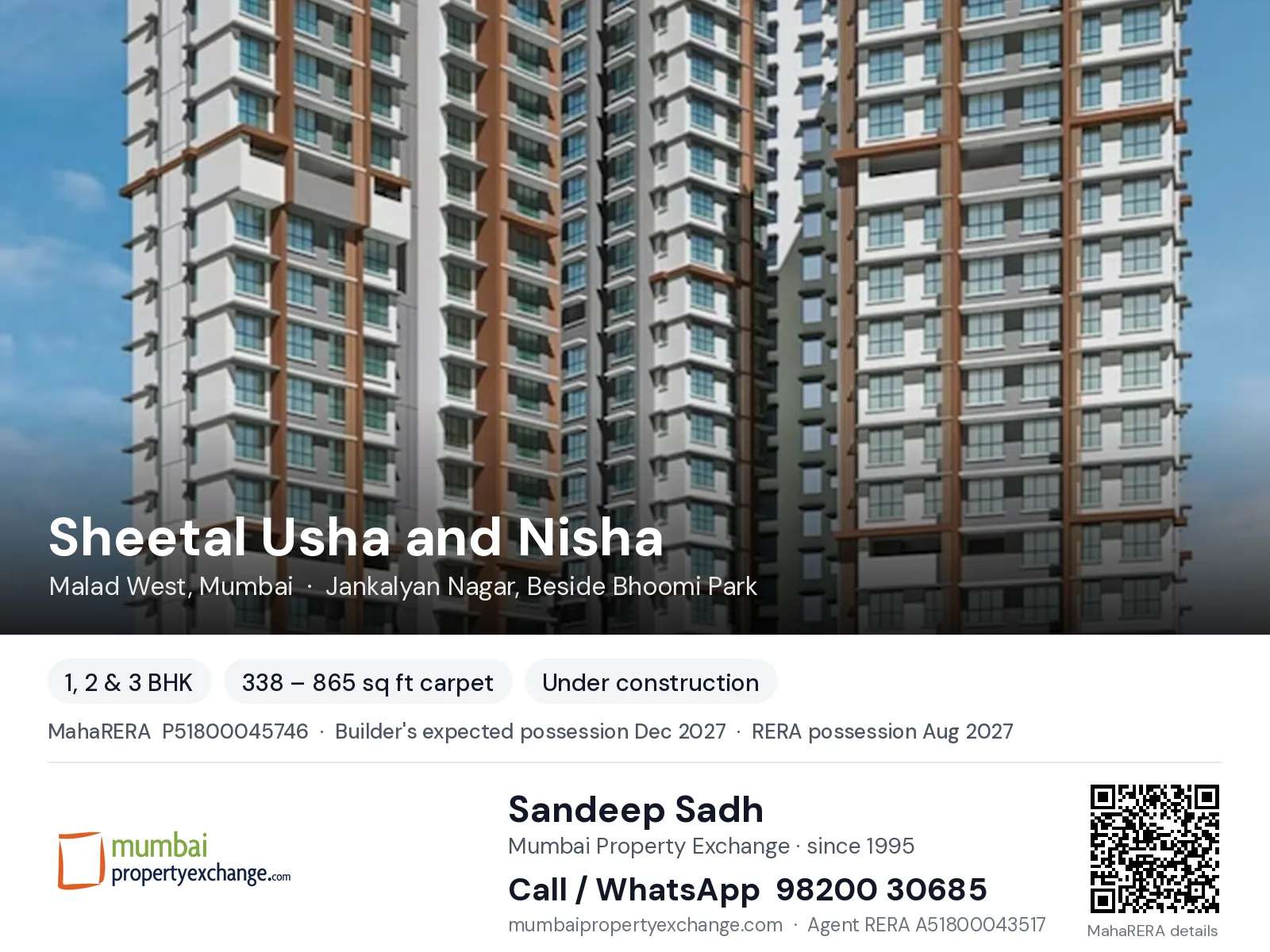 Sheetal Usha and Nisha by DGS, Malad West, Mumbai — 1, 2 & 3 BHK new project, builder's expected possession Dec 2027, RERA possession Aug 2027 | Mumbai Property Exchange, Sandeep Sadh 98200 30685