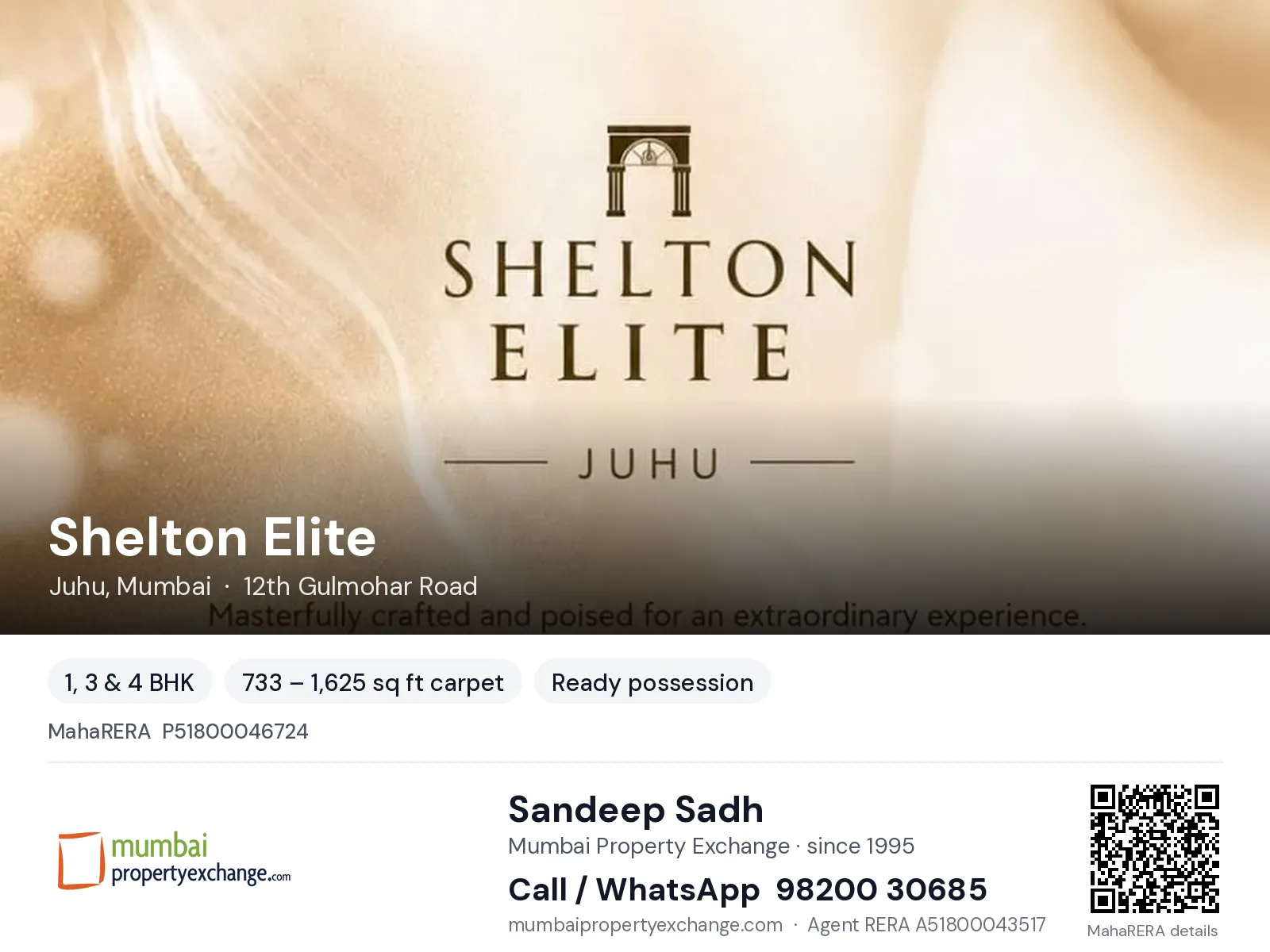 Shelton Elite, Juhu, Mumbai — 1, 3 & 4 BHK ready-to-move project | Mumbai Property Exchange, Sandeep Sadh 98200 30685