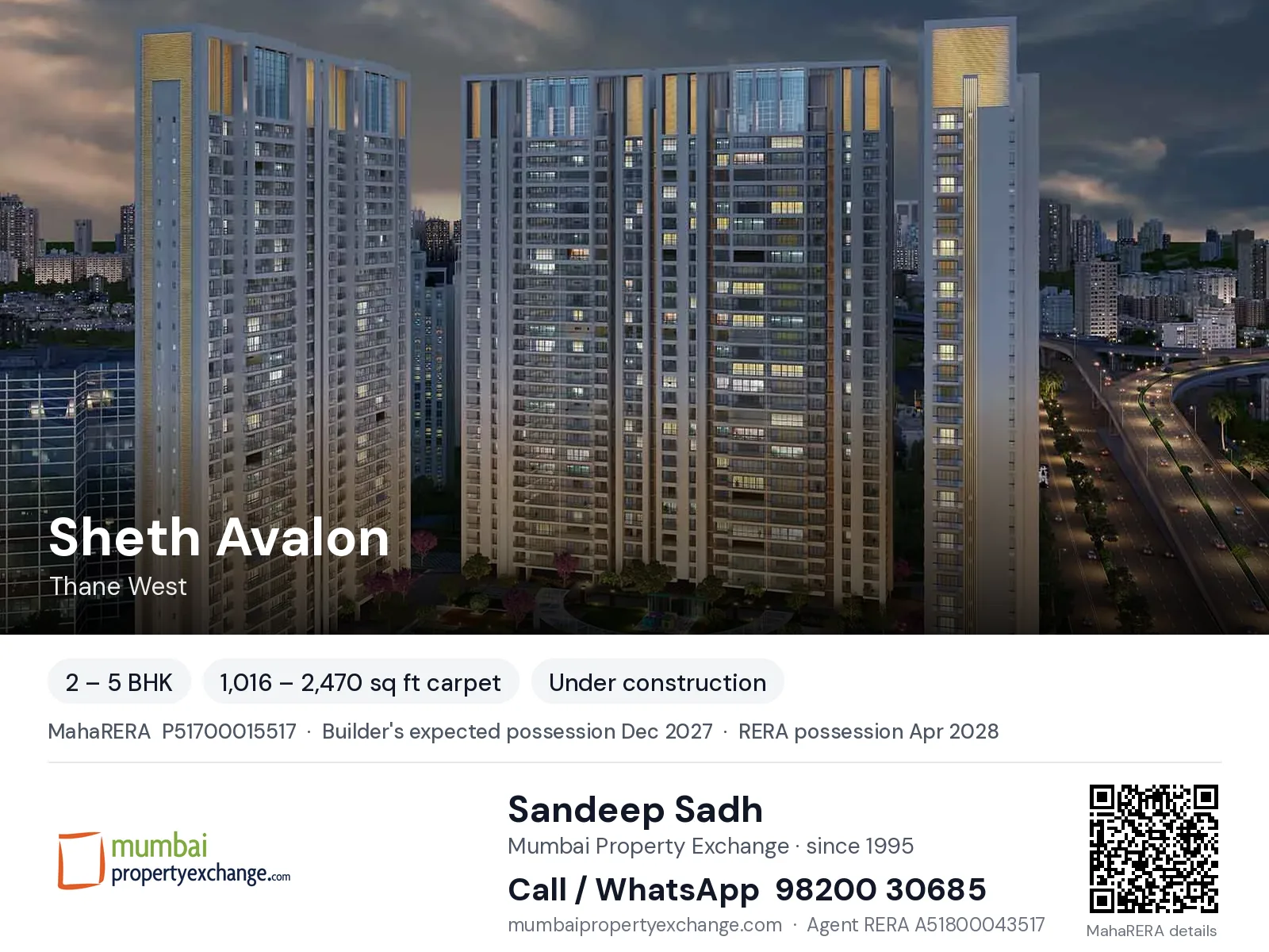 Sheth Avalon, Thane West — 2 – 5 BHK new project, builder's expected possession Dec 2027, RERA possession Apr 2028 | Mumbai Property Exchange, Sandeep Sadh 98200 30685