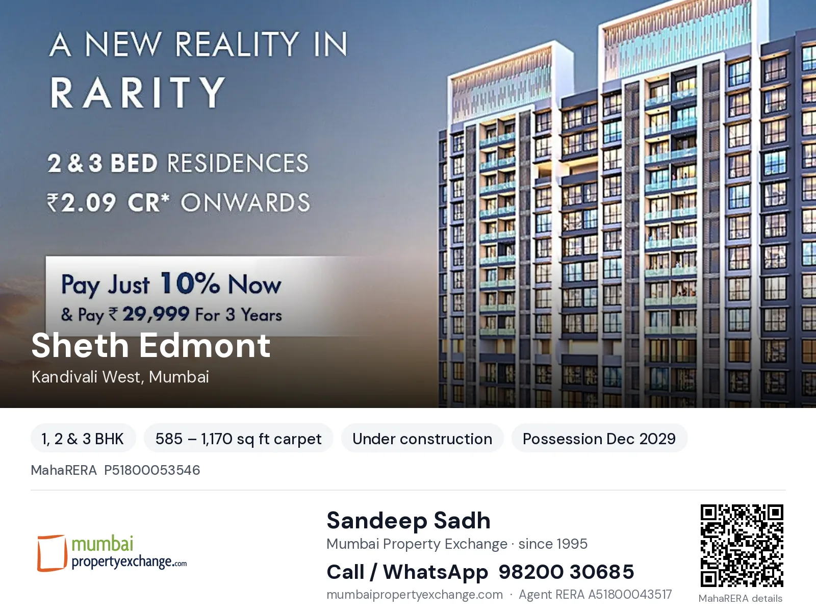 Sheth Edmont, Kandivali West, Mumbai — 1, 2 & 3 BHK new project, possession Dec 2029 | Mumbai Property Exchange, Sandeep Sadh 98200 30685