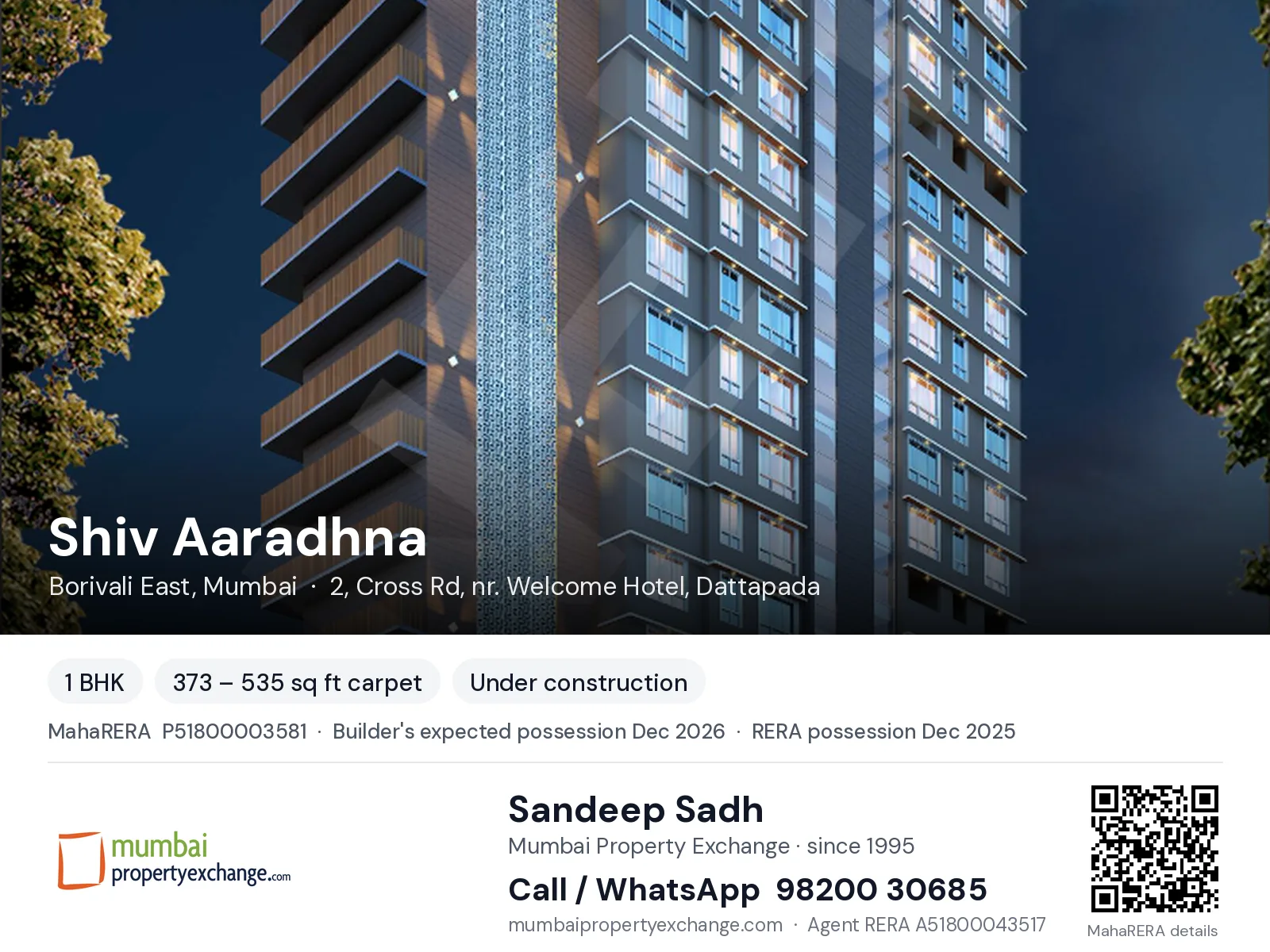 Shiv Aaradhna by Brightmen, Borivali East, Mumbai — 1 BHK new project, builder's expected possession Dec 2026, RERA possession Dec 2025 | Mumbai Property Exchange, Sandeep Sadh 98200 30685