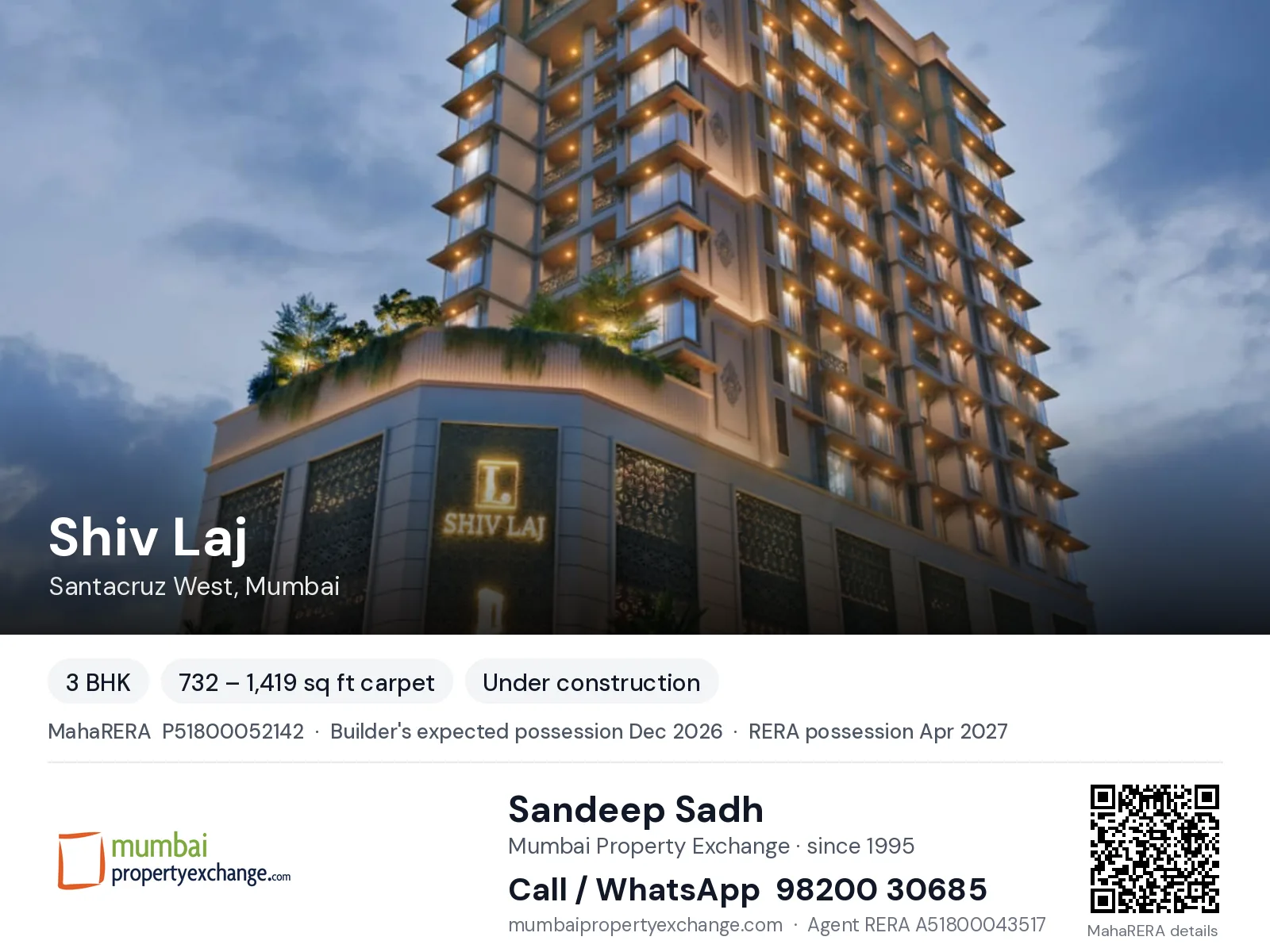 Shiv Laj by Navkarmik, Santacruz West, Mumbai — 3 BHK new project, builder's expected possession Dec 2026, RERA possession Apr 2027 | Mumbai Property Exchange, Sandeep Sadh 98200 30685
