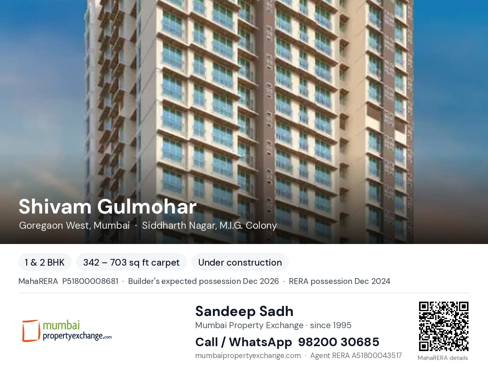 Shivam Gulmohar, Goregaon West, Mumbai — 1 & 2 BHK new project, builder's expected possession Dec 2026, RERA possession Dec 2024 | Mumbai Property Exchange, Sandeep Sadh 98200 30685