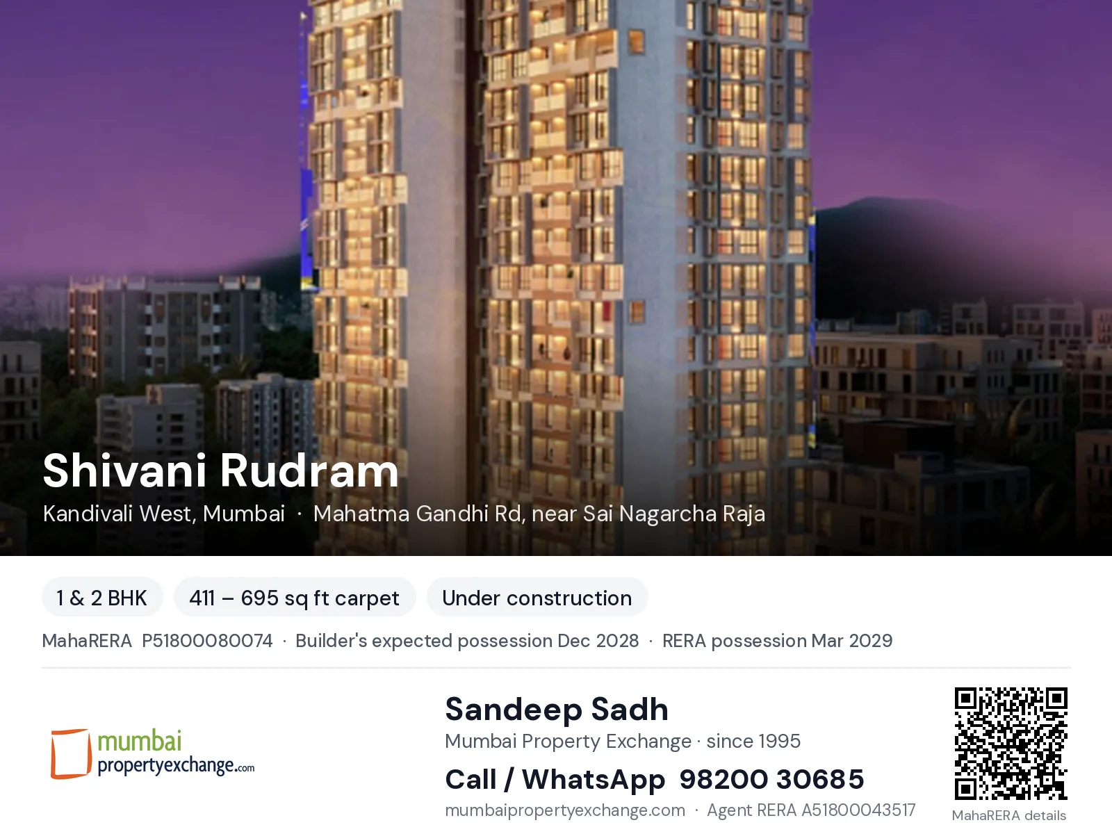 Shivani Rudram, Kandivali West, Mumbai — 1 & 2 BHK new project, builder's expected possession Dec 2028, RERA possession Mar 2029 | Mumbai Property Exchange, Sandeep Sadh 98200 30685