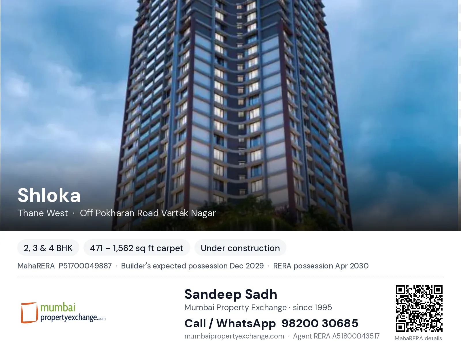 Shloka by Om Divine Buildcon, Thane West — 2, 3 & 4 BHK new project, builder's expected possession Dec 2029, RERA possession Apr 2030 | Mumbai Property Exchange, Sandeep Sadh 98200 30685