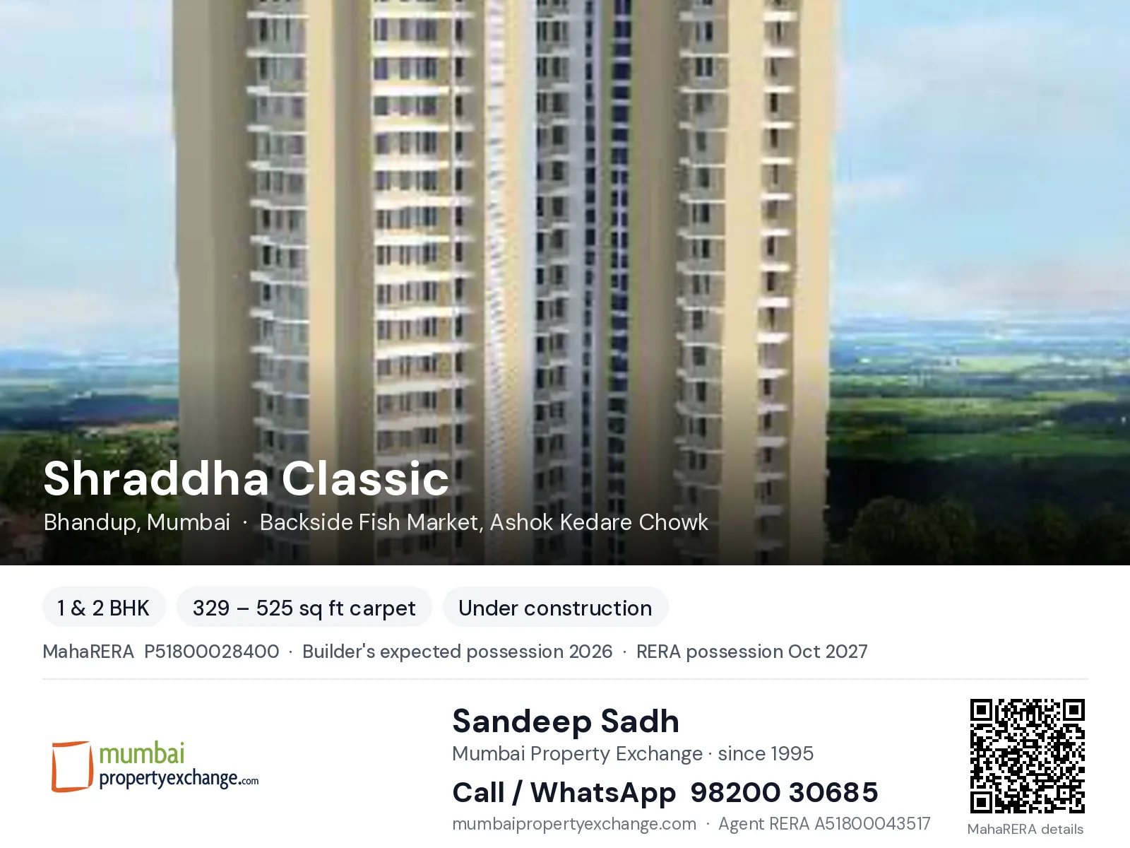 Shraddha Classic, Bhandup, Mumbai — 1 & 2 BHK new project, builder's expected possession 2026, RERA possession Oct 2027 | Mumbai Property Exchange, Sandeep Sadh 98200 30685
