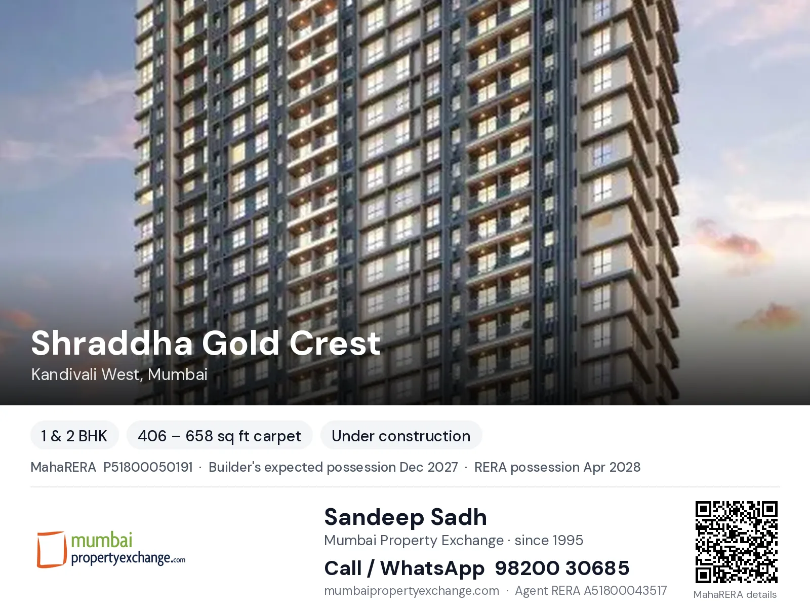 Shraddha Gold Crest, Kandivali West, Mumbai — 1 & 2 BHK new project, builder's expected possession Dec 2027, RERA possession Apr 2028 | Mumbai Property Exchange, Sandeep Sadh 98200 30685