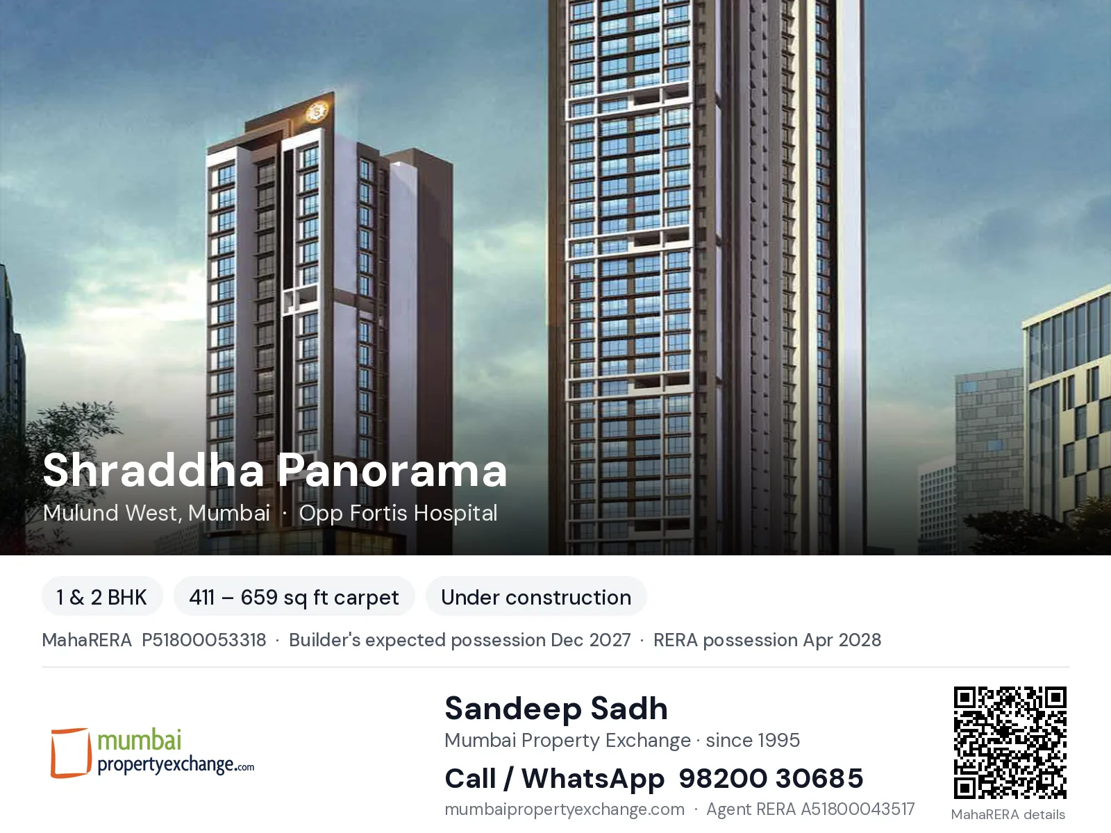 Shraddha Panorama, Mulund West, Mumbai — 1 & 2 BHK new project, builder's expected possession Dec 2027, RERA possession Apr 2028 | Mumbai Property Exchange, Sandeep Sadh 98200 30685