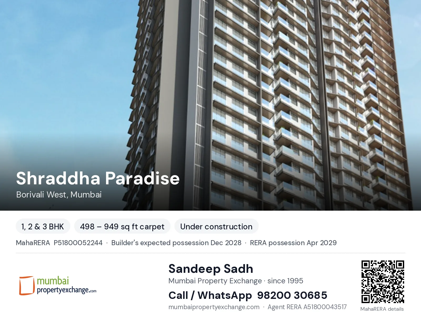 Shraddha Paradise, Borivali West, Mumbai — 1, 2 & 3 BHK new project, builder's expected possession Dec 2028, RERA possession Apr 2029 | Mumbai Property Exchange, Sandeep Sadh 98200 30685