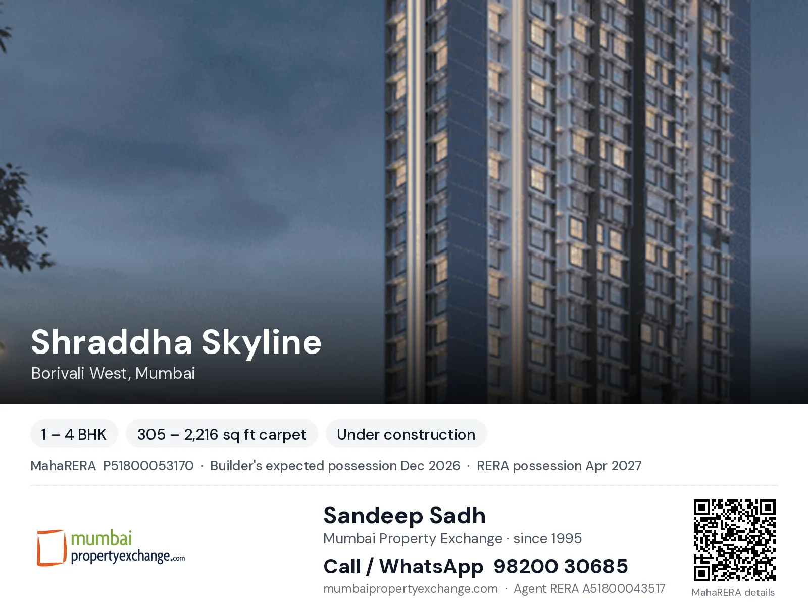 Shraddha Skyline, Borivali West, Mumbai — 1 – 4 BHK new project, builder's expected possession Dec 2026, RERA possession Apr 2027 | Mumbai Property Exchange, Sandeep Sadh 98200 30685
