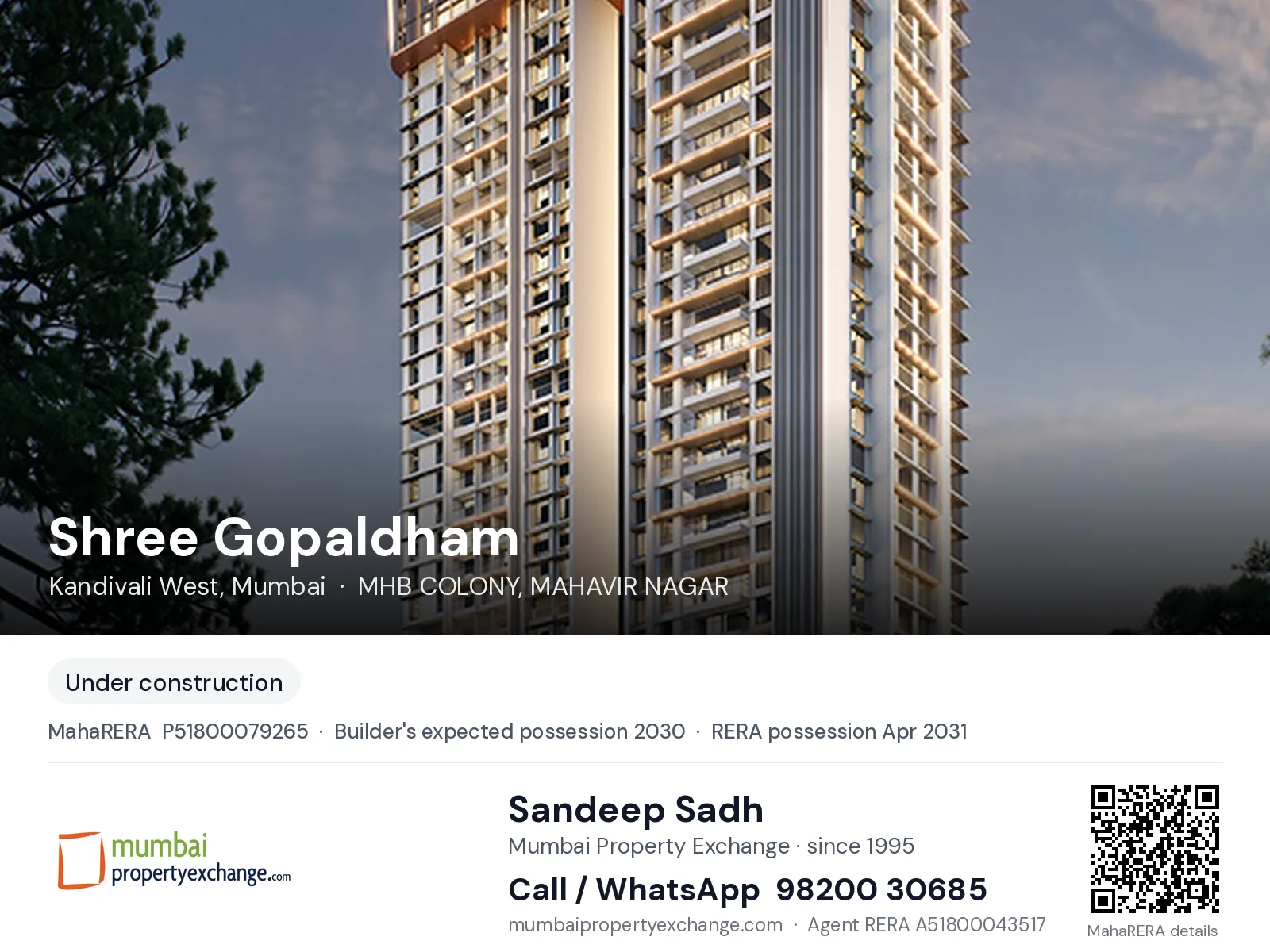 Shree Gopaldham by JE & VEE, Kandivali West, Mumbai — new project, builder's expected possession 2030, RERA possession Apr 2031 | Mumbai Property Exchange, Sandeep Sadh 98200 30685