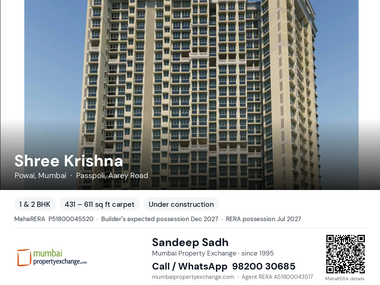 Shree Krishna, Powai, Mumbai — 1 & 2 BHK new project, builder's expected possession Dec 2027, RERA possession Jul 2027 | Mumbai Property Exchange, Sandeep Sadh 98200 30685