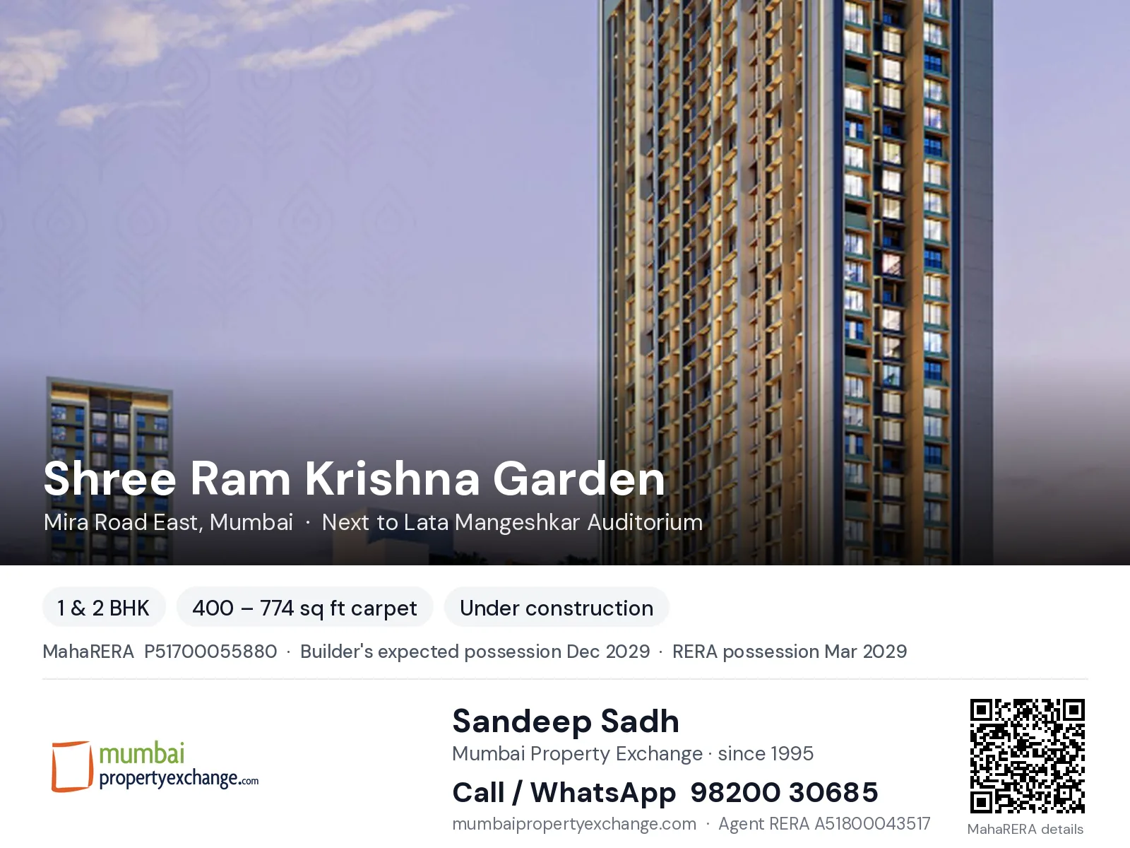 Shree Ram Krishna Garden, Mira Road East, Mumbai — 1 & 2 BHK new project, builder's expected possession Dec 2029, RERA possession Mar 2029 | Mumbai Property Exchange, Sandeep Sadh 98200 30685
