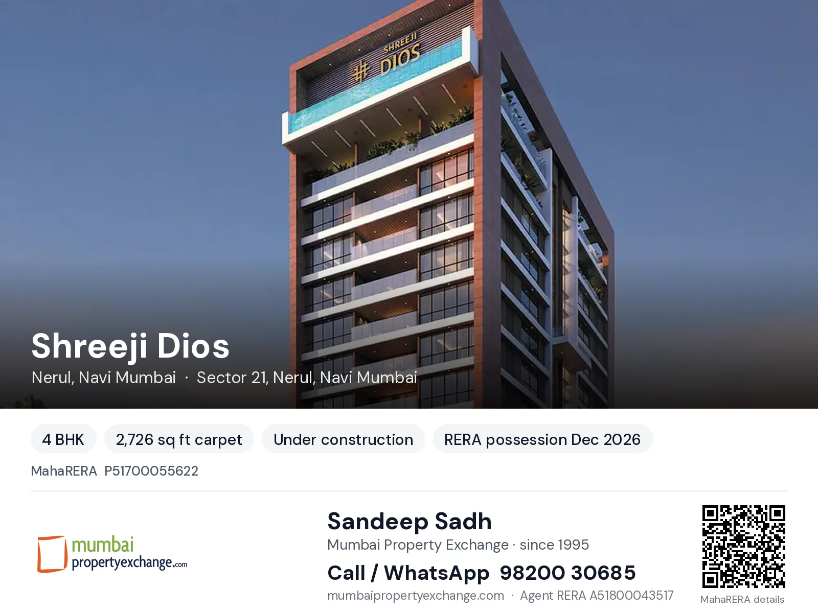 Shreeji Dios, Nerul, Navi Mumbai β 4 BHK new project, RERA possession Dec 2026 | Mumbai Property Exchange, Sandeep Sadh 98200 30685